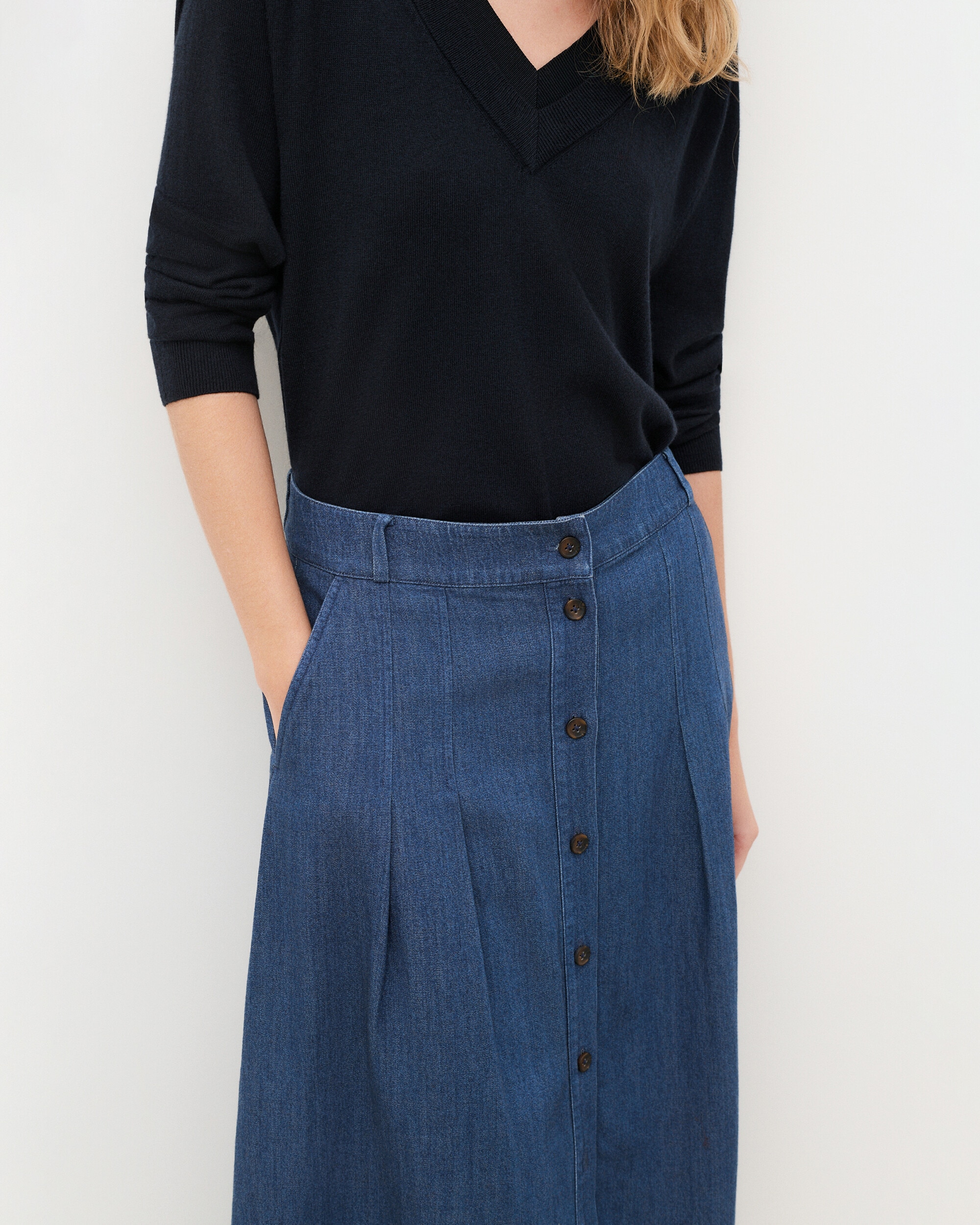 Falda larga en denim con botones - Caroll - Azul denim Azul denim-3