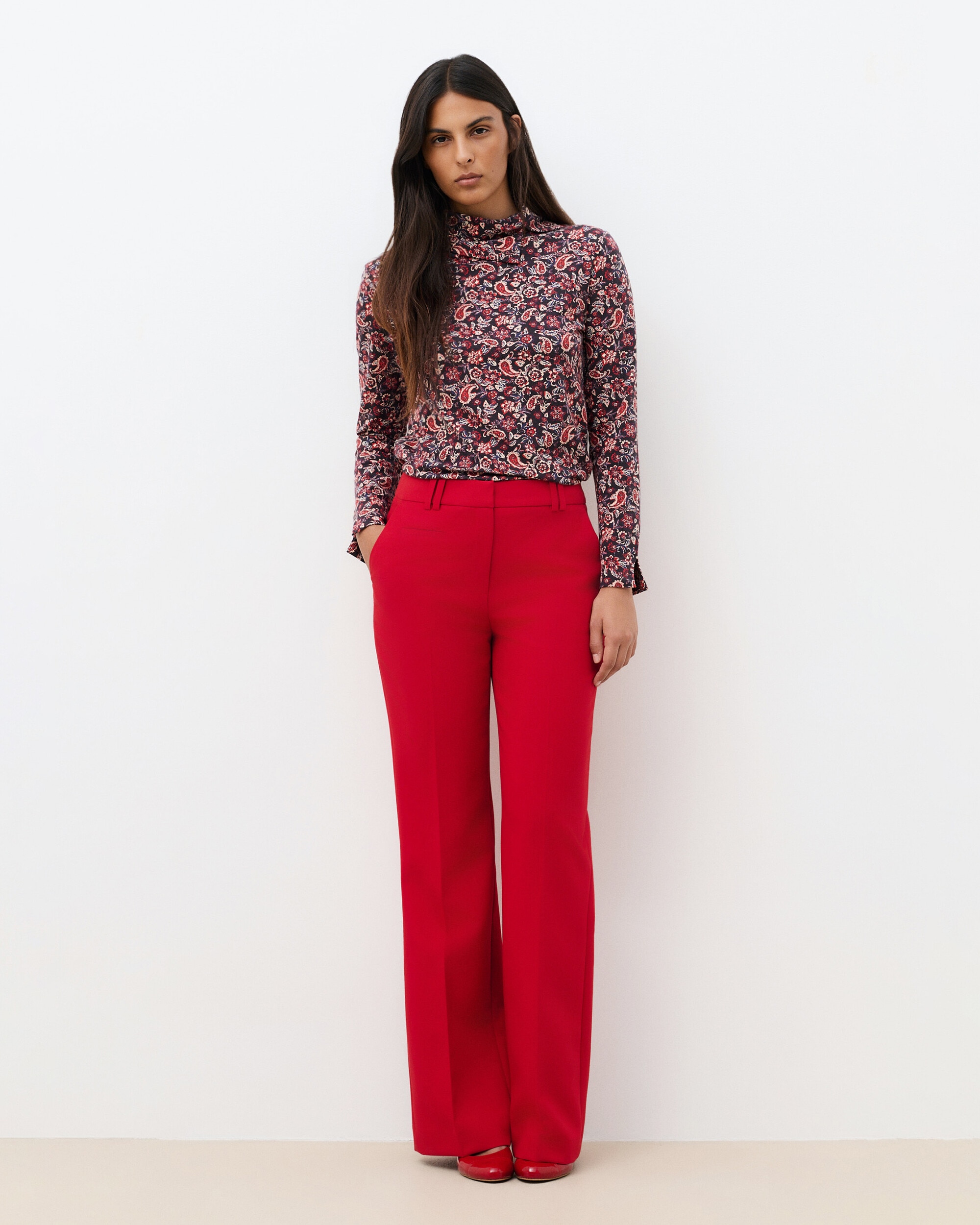 Pantalones anchos de mujer de tiro alto con pinzas - Caroll - Rojo Rojo-1