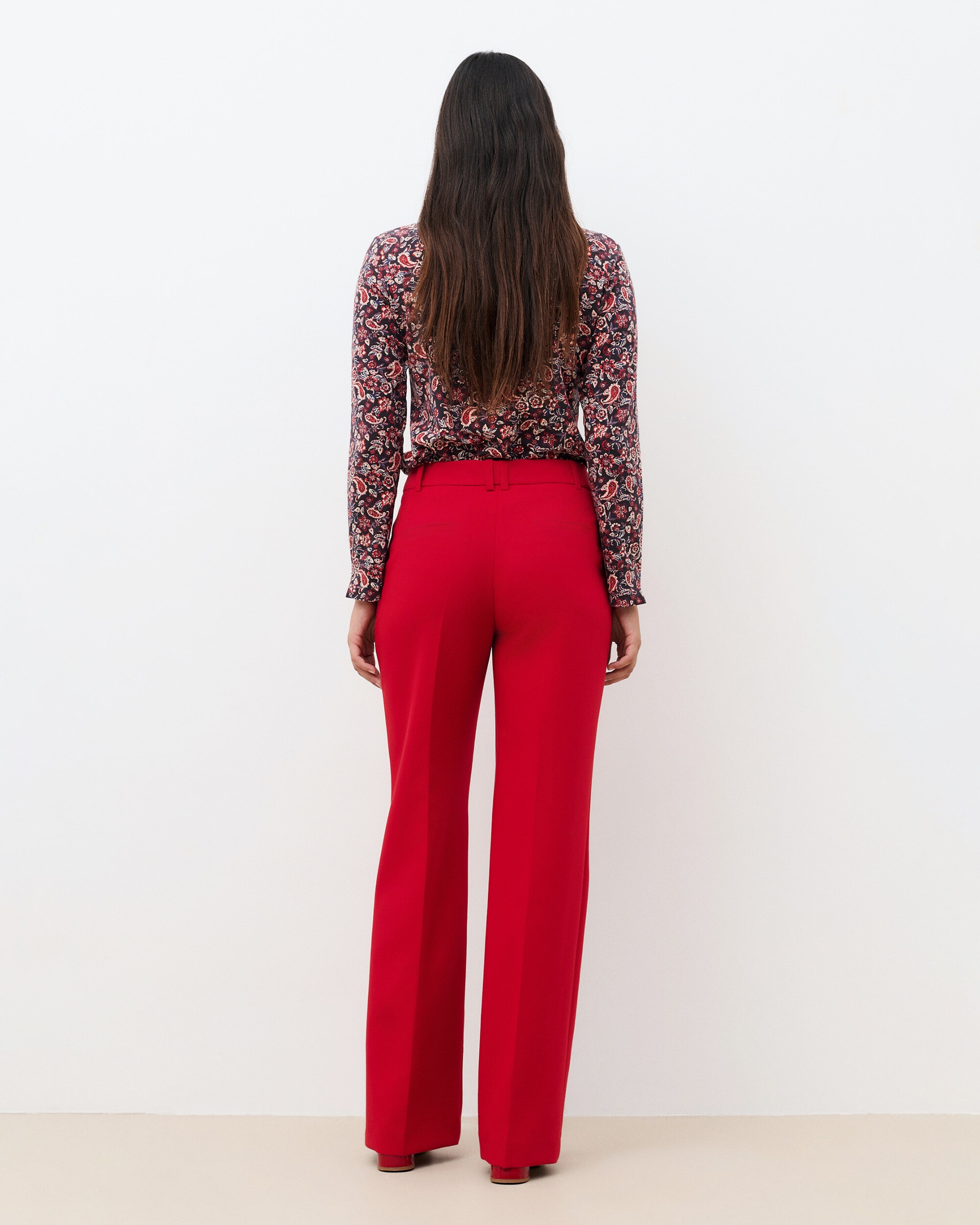 Pantalones anchos de mujer de tiro alto con pinzas - Caroll - Rojo Rojo-2