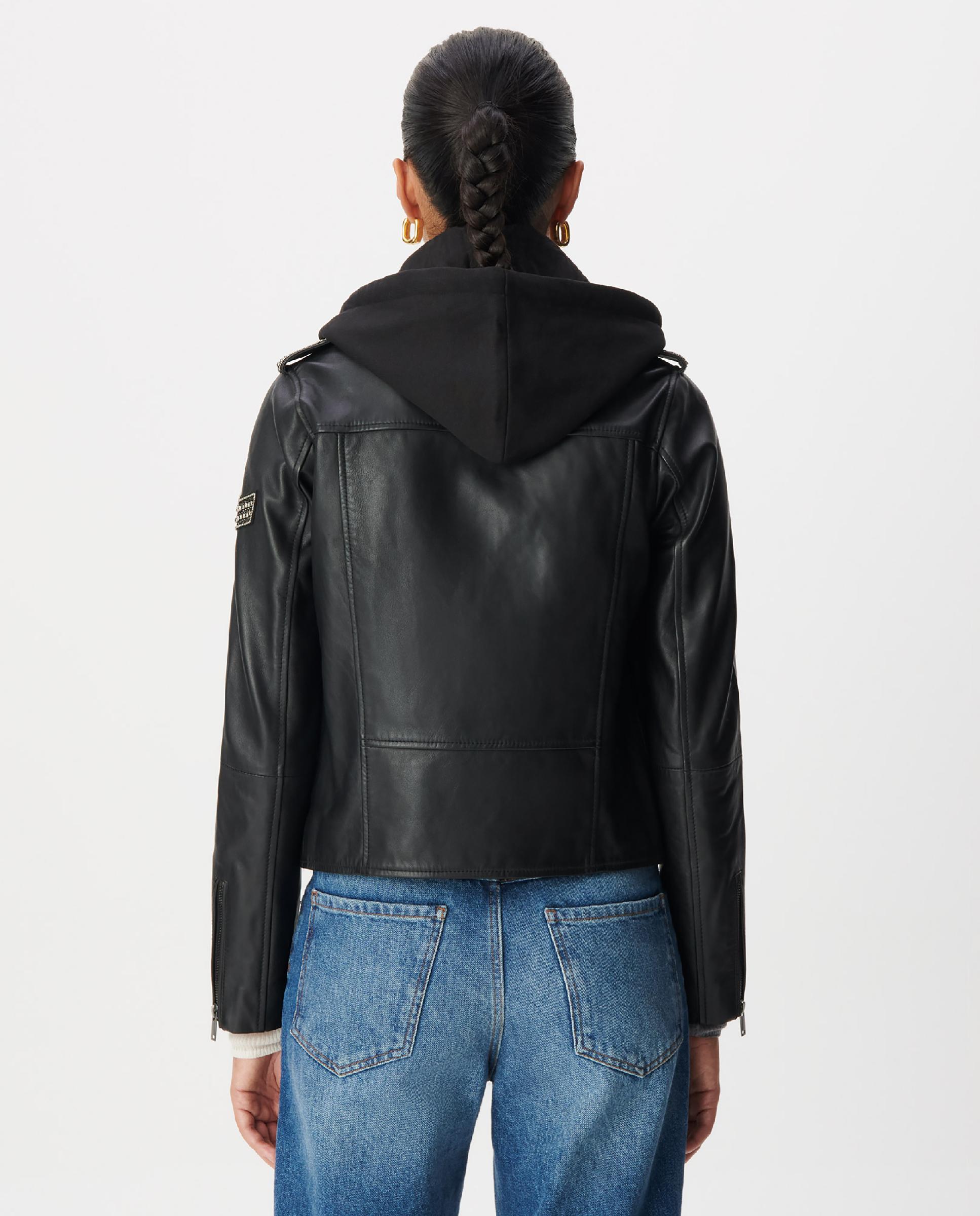 Imagen 3 de Cazadora biker de mujer de cuero con capucha amovible - IKKS - Negro Negro