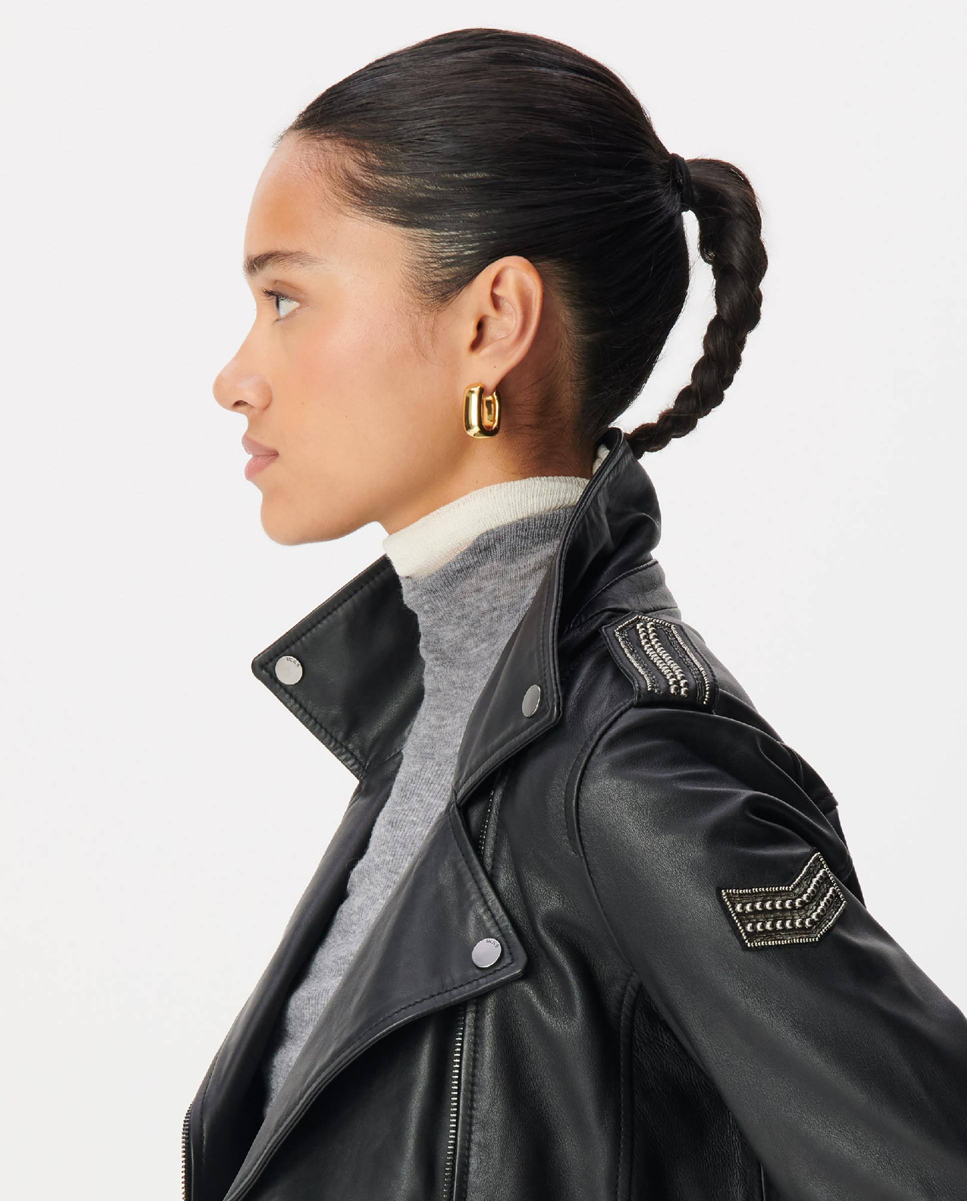 Imagen 4 de Cazadora biker de mujer de cuero con capucha amovible - IKKS - Negro Negro