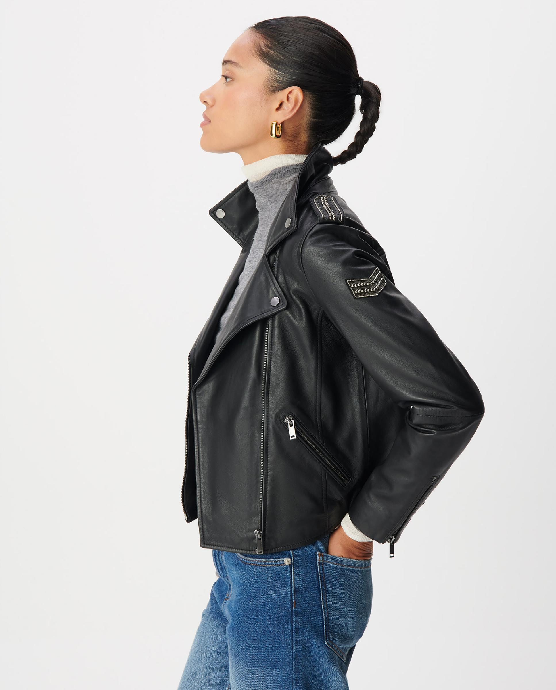 Imagen 5 de Cazadora biker de mujer de cuero con capucha amovible - IKKS - Negro Negro