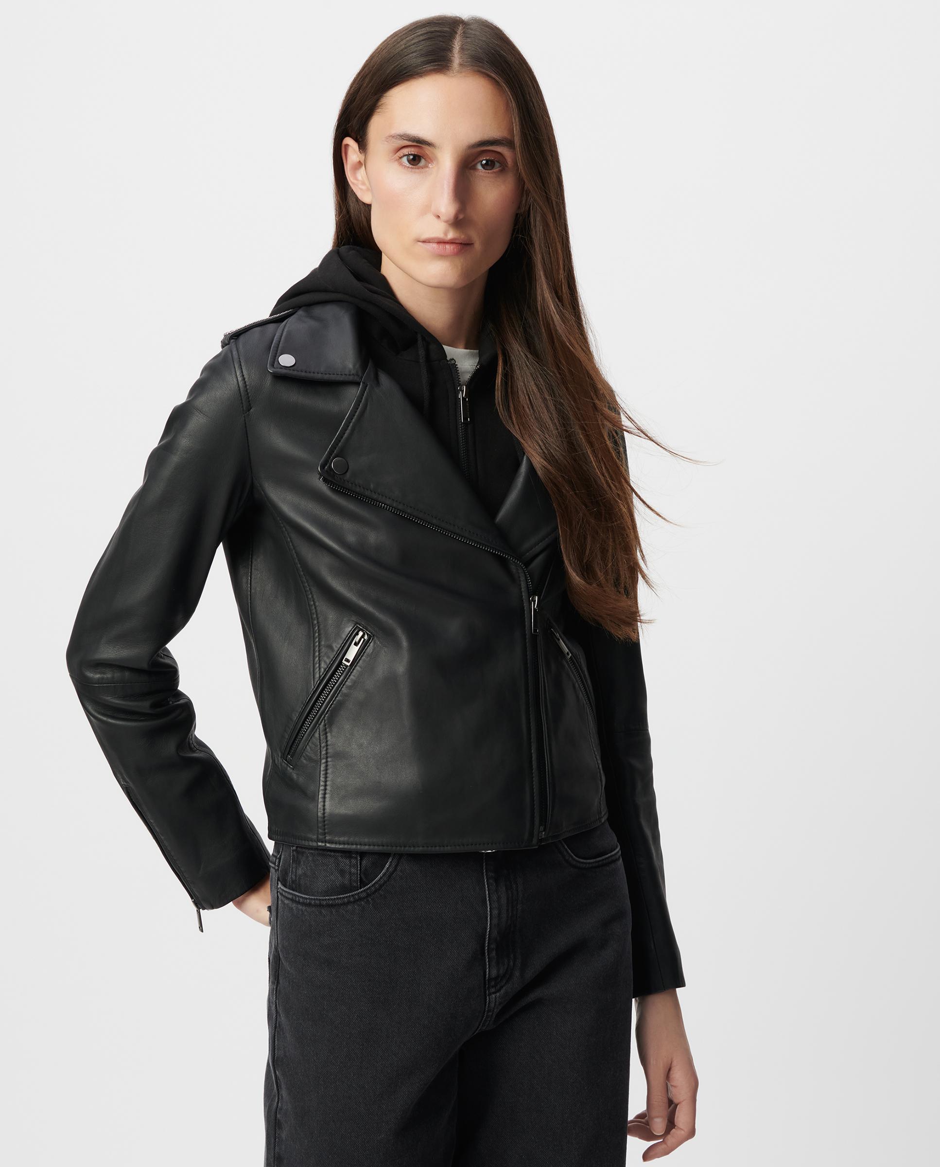 IKKS - Cazadora biker de mujer de cuero con capucha amovible.
