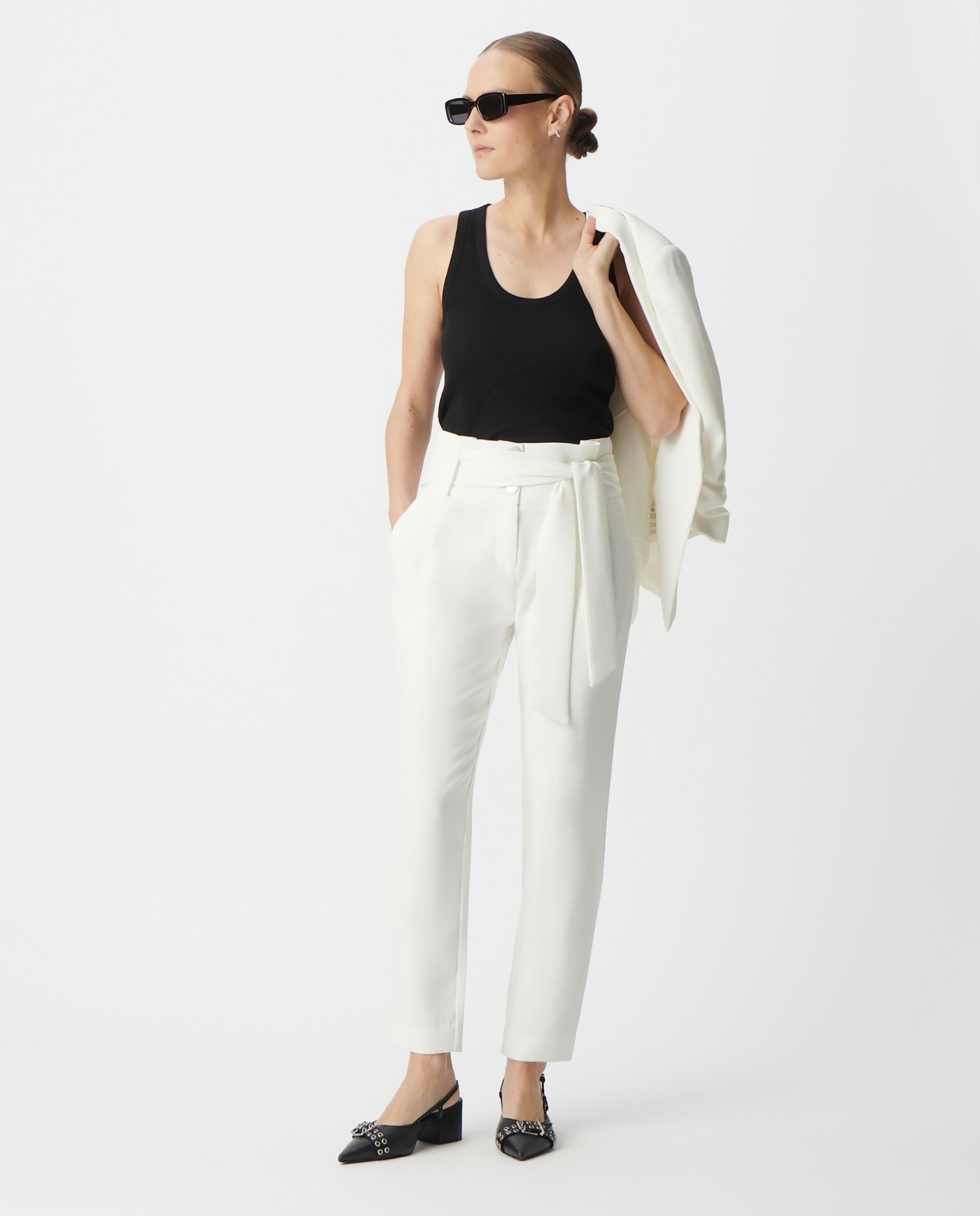 Pantalón recto de mujer en tejido reciclado de tiro alto con cinturón - IKKS - Marfil Marfil-6