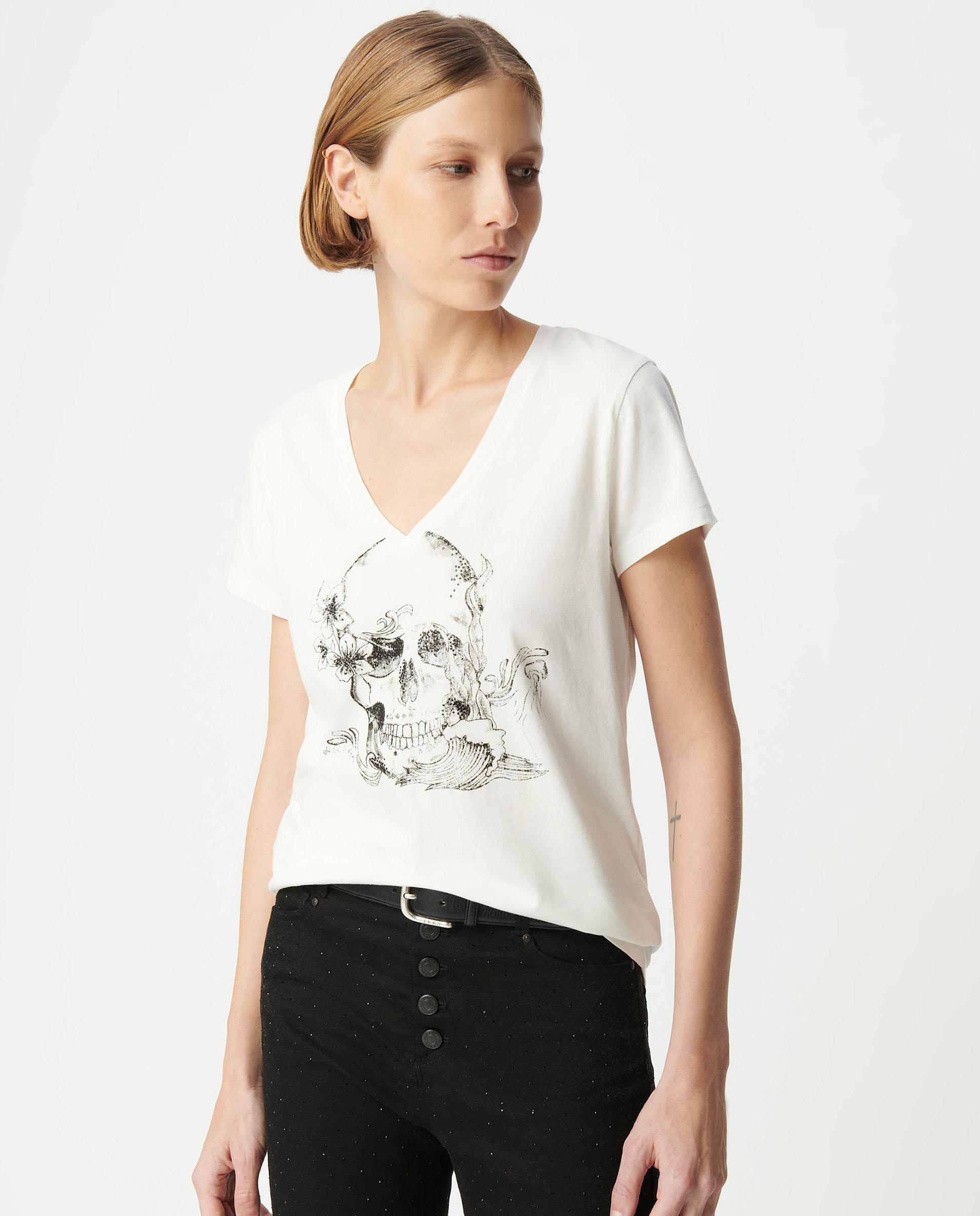 IKKS - Camiseta de mujer de algodón orgánico con cuello en v y calavera.
