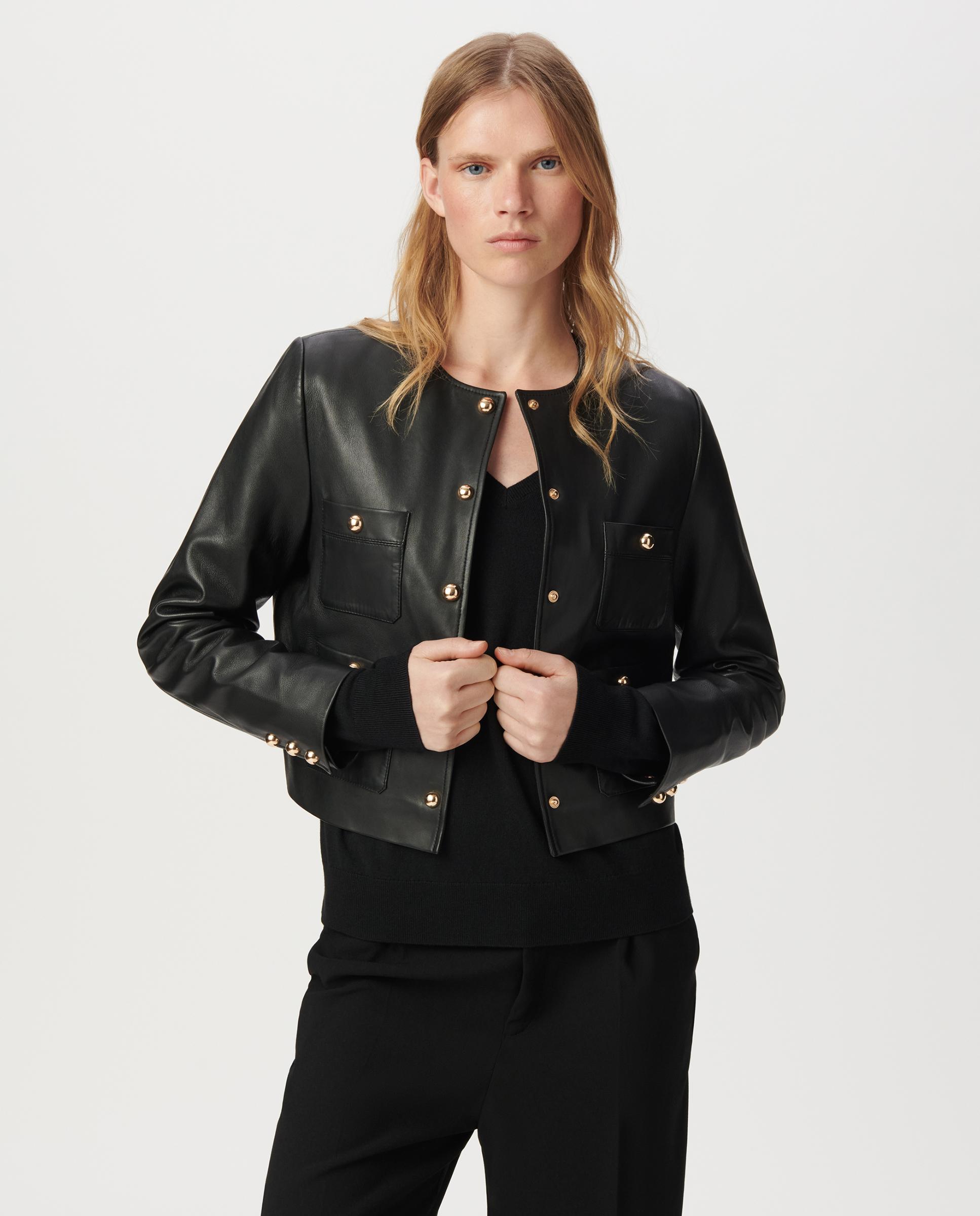 Imagen 1 de Chaqueta de piel de mujer corta con bolsillos parche Negro