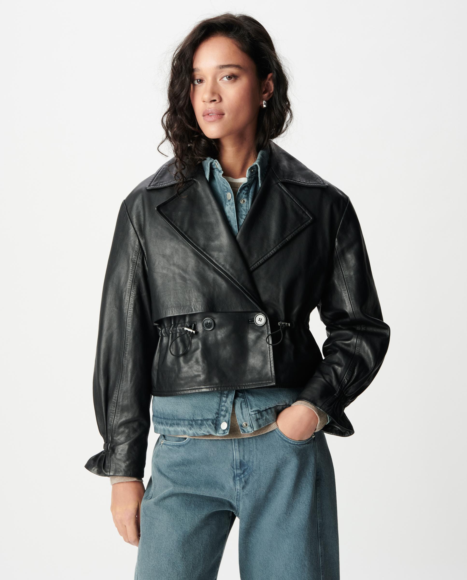IKKS - Chaqueta de cuero de mujer oversize con cordón en la cintura.