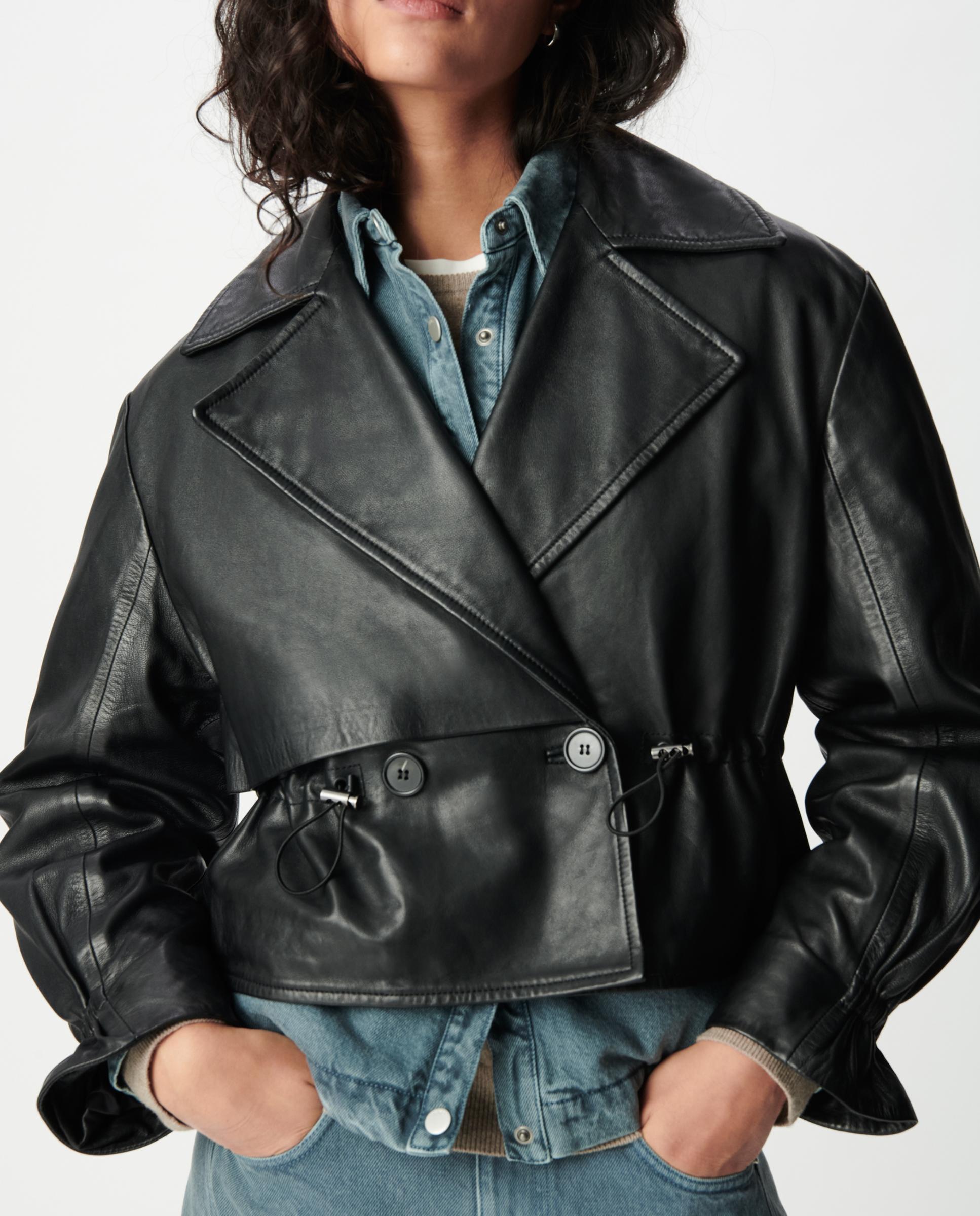 Chaqueta de cuero de mujer oversize con cordón en la cintura - IKKS - Negro Negro-2