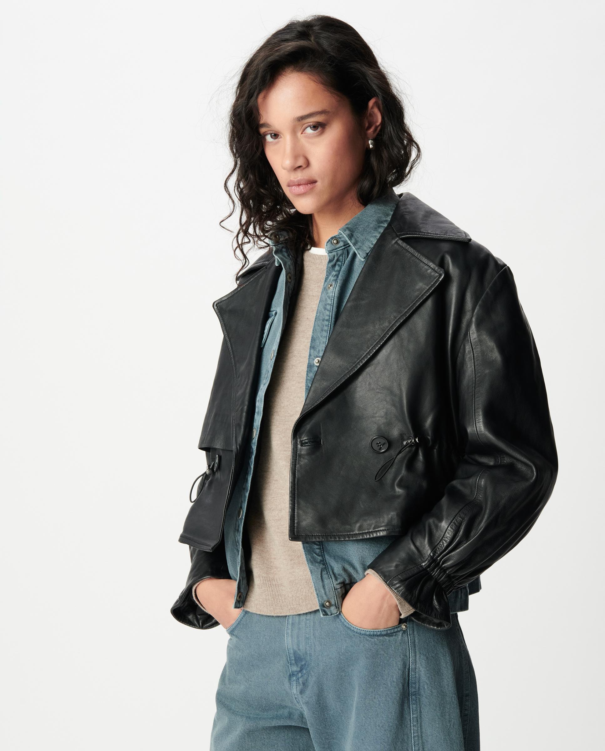 Chaqueta de cuero de mujer oversize con cordón en la cintura - IKKS - Negro Negro-5