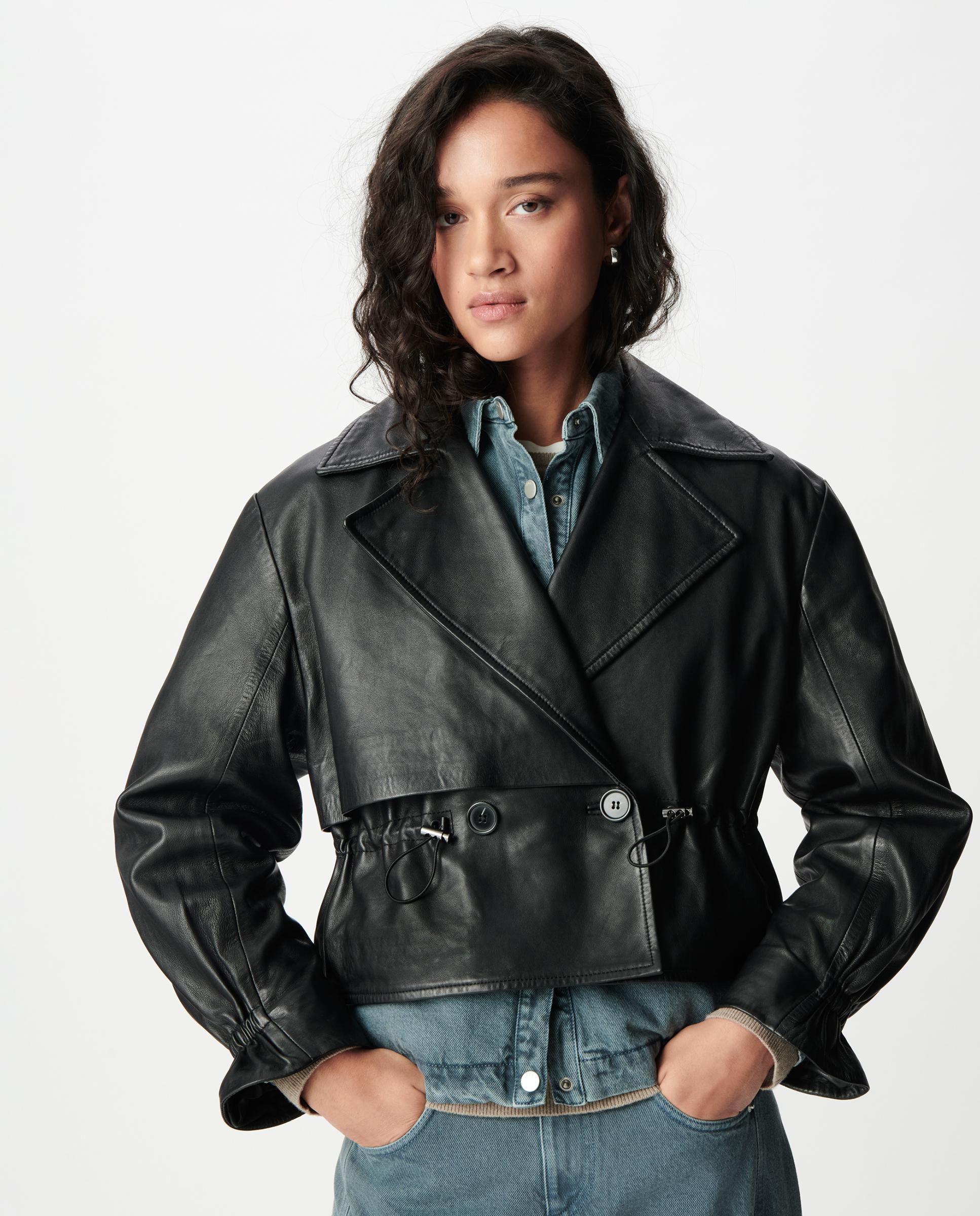 Chaqueta de cuero de mujer oversize con cordón en la cintura - IKKS - Negro Negro-6
