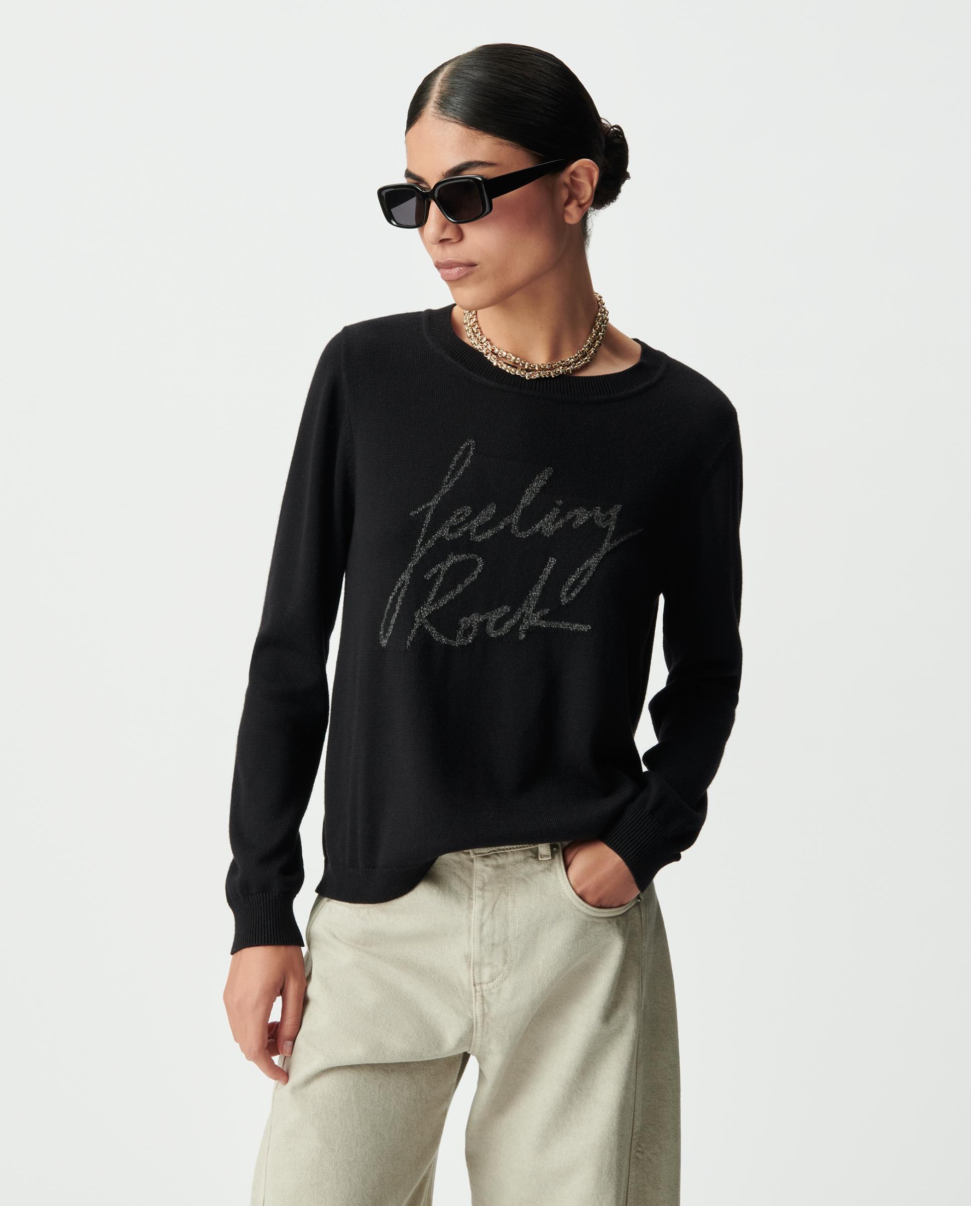 Jersey de mujer recto con mensaje bordado - IKKS - Negro Negro-1