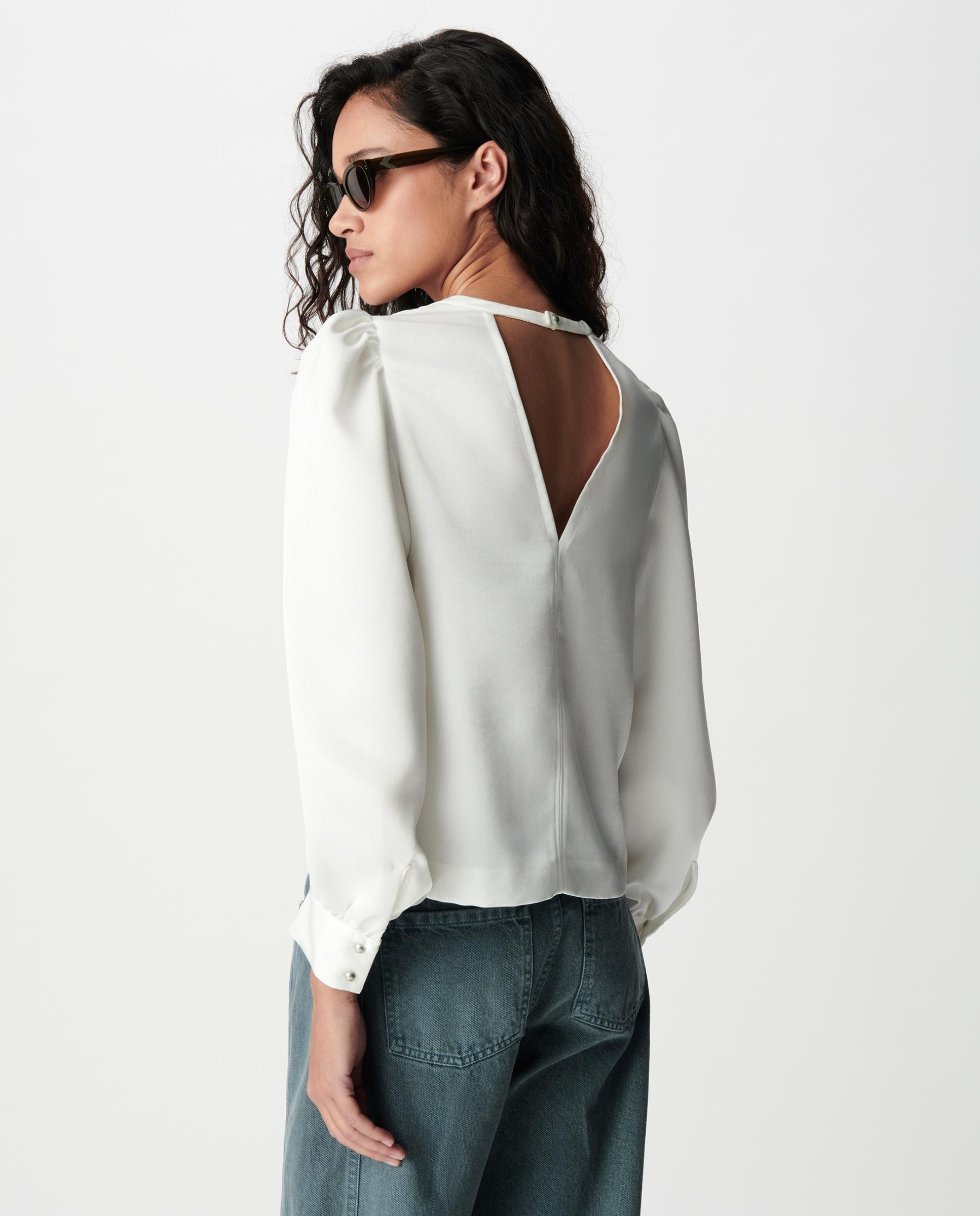 Blusa de mujer satinada con escote en v en la espalda - IKKS - Blanco Blanco-3