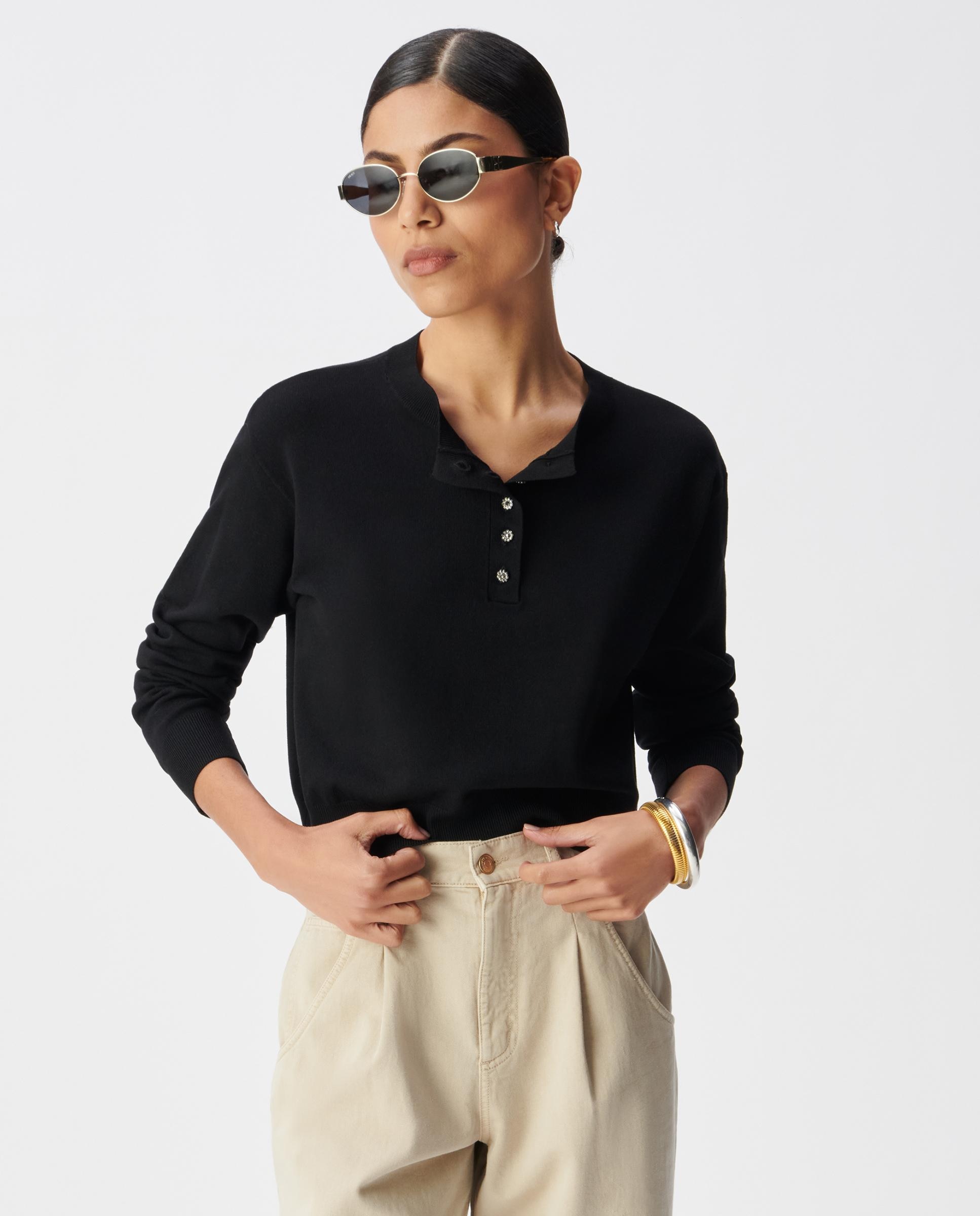 IKKS - Jersey de mujer de punto fino con botones de strass.