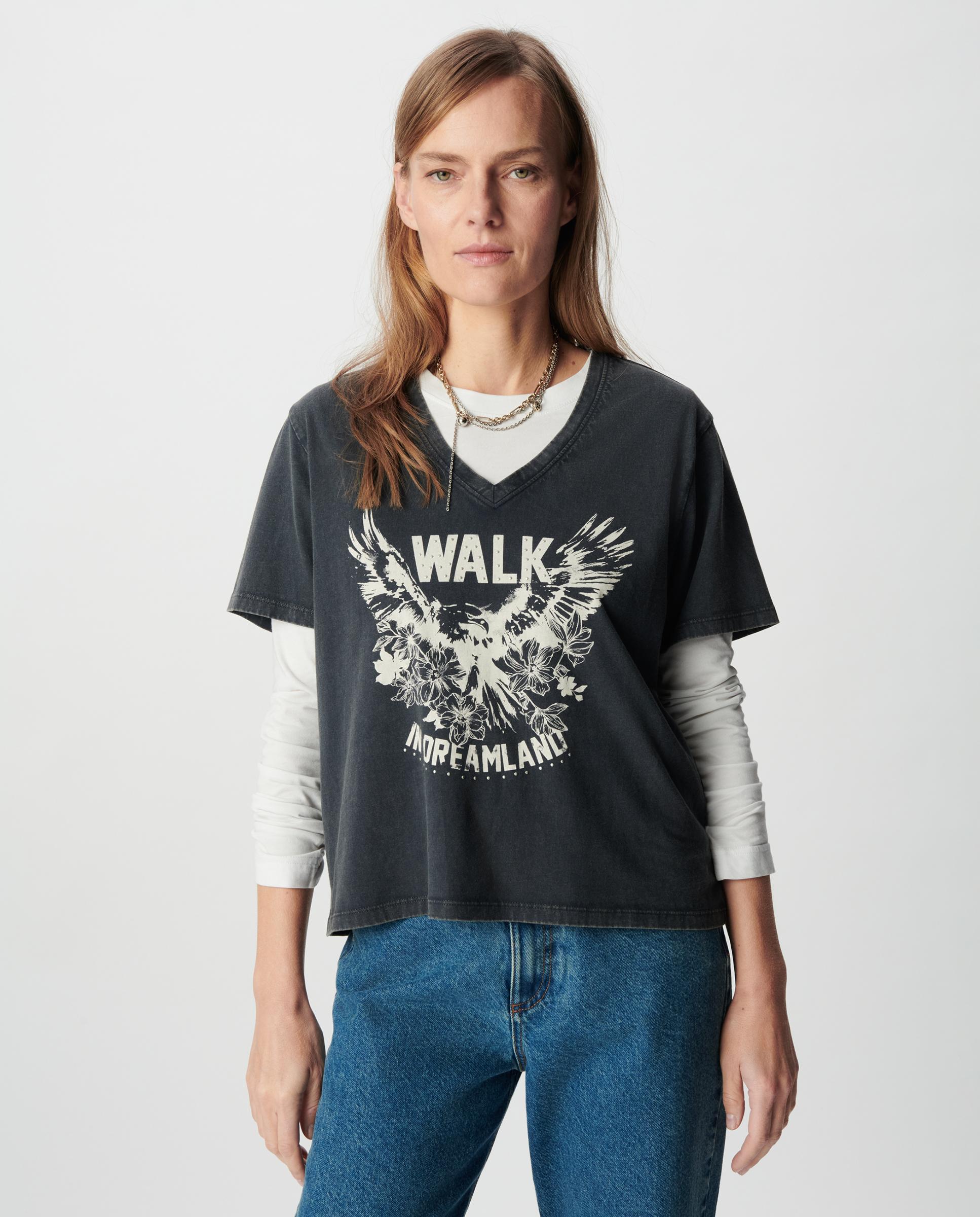 IKKS - Camiseta de mujer efecto desgastado con motivo de águila.