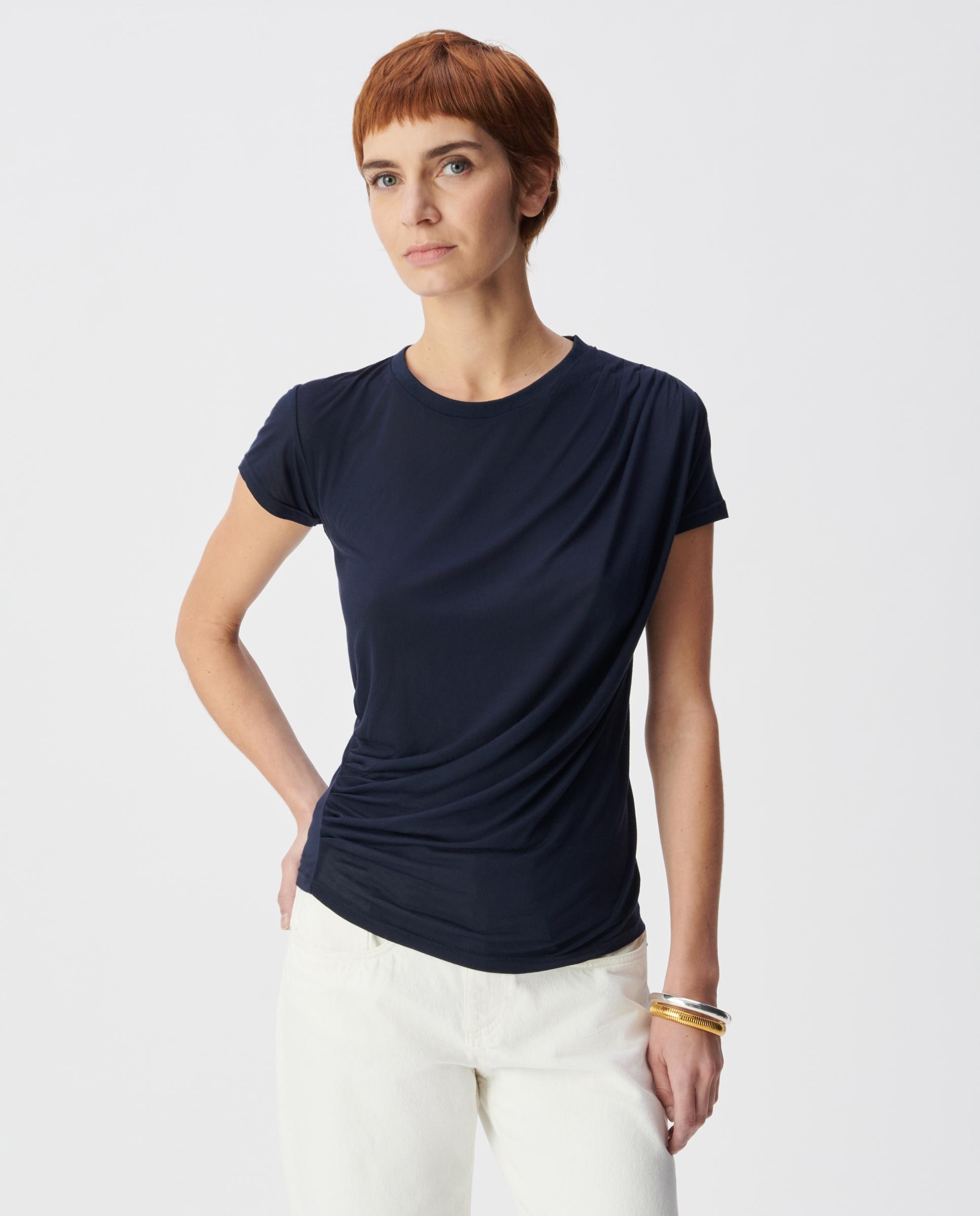 IKKS - Camiseta de mujer de manga corta con fruncidos en los laterales.
