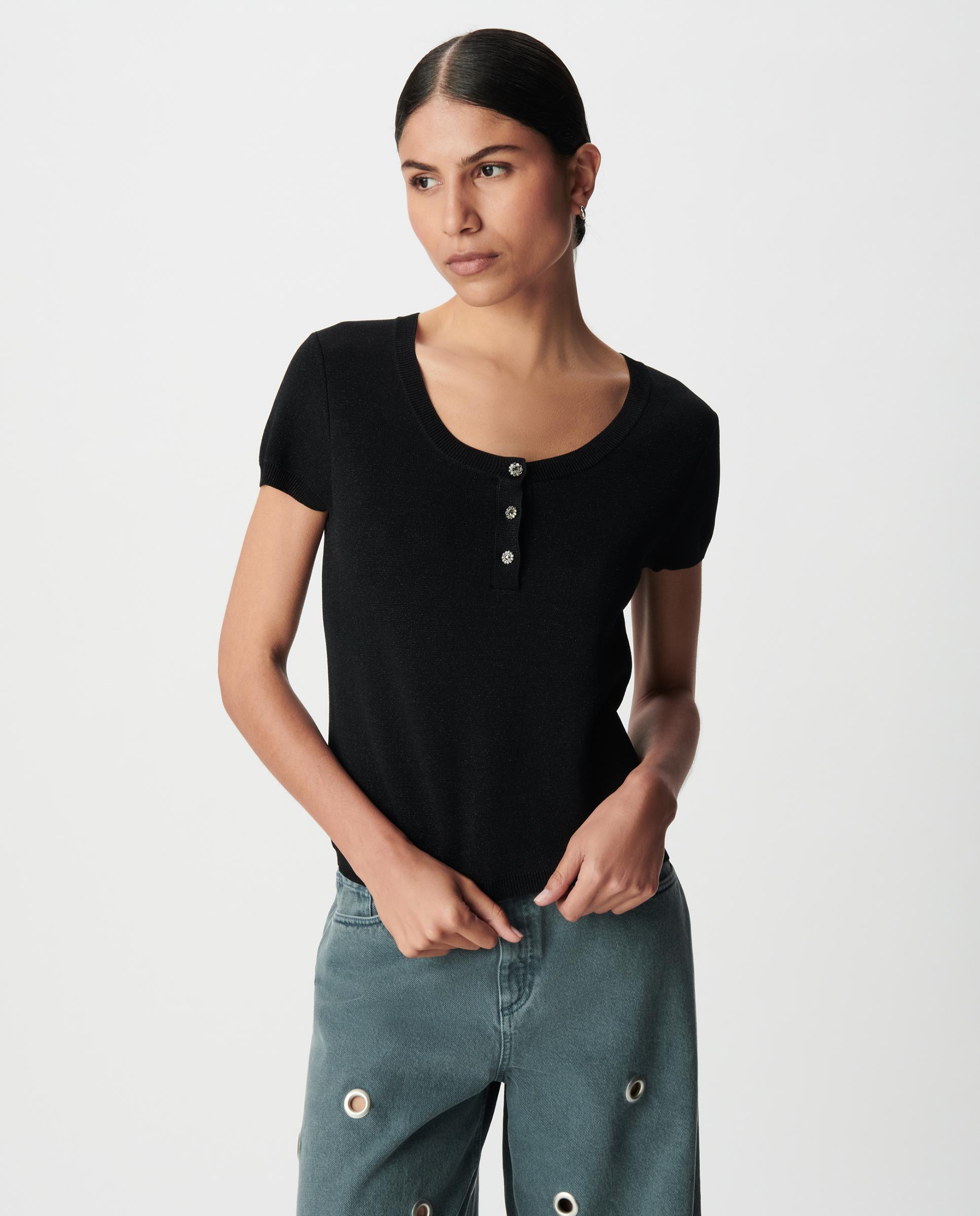 IKKS - Jersey de mujer efecto brillante con cuello abotonado.