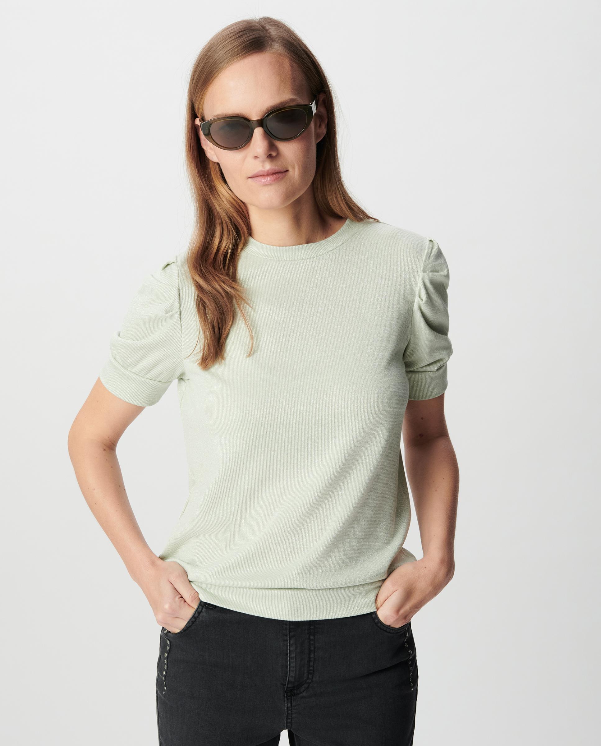 IKKS - Camiseta de mujer brillante con mangas fruncidas.