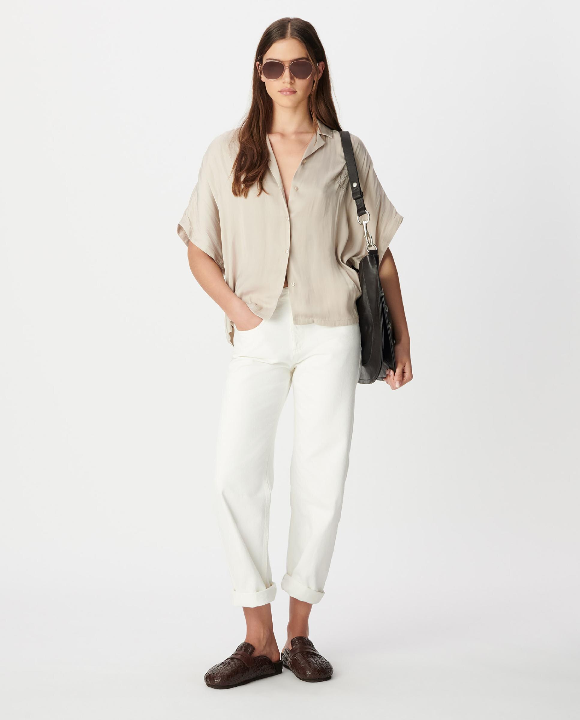 Camisa de mujer satinada con motivo de palmeras y tachuelas en la espalda - IKKS - Beige Beige-2