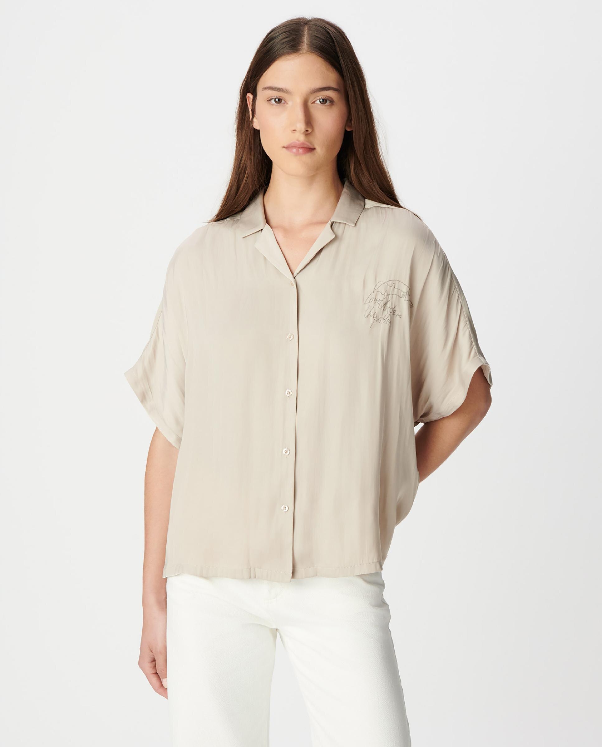 Camisa de mujer satinada con motivo de palmeras y tachuelas en la espalda - IKKS - Beige Beige-5