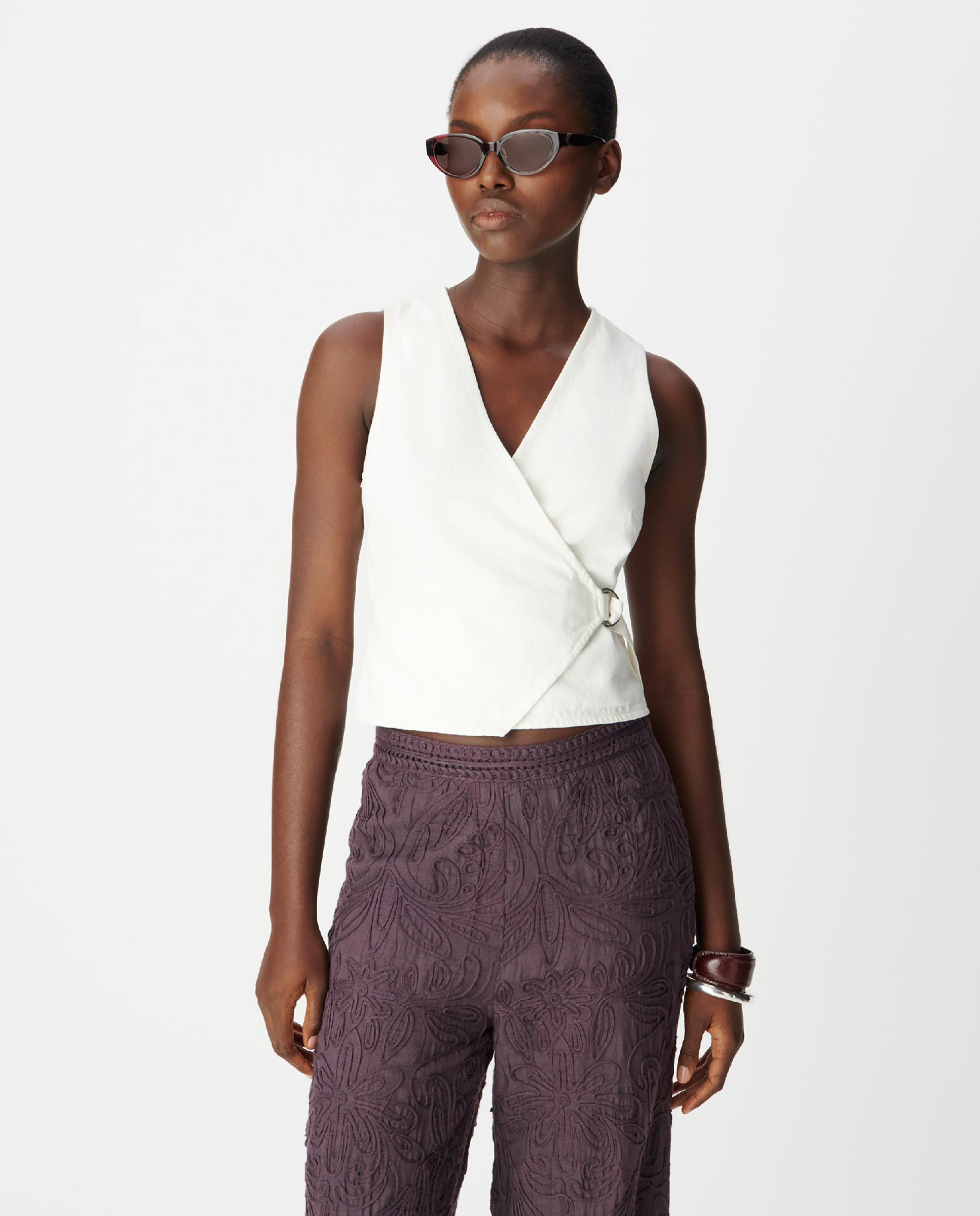 IKKS - Top de mujer denim con cierre cruzado.