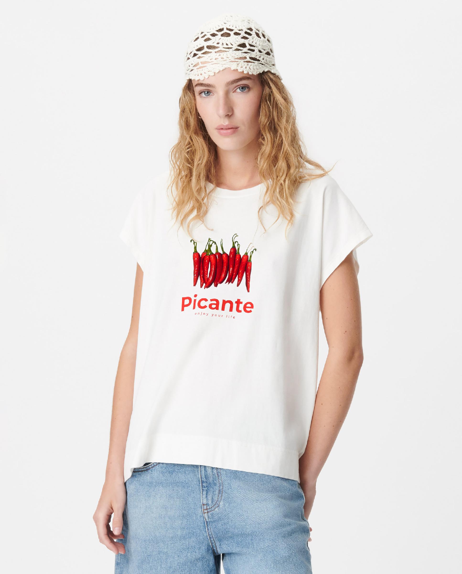 Camiseta de mujer de manga corta con estampado de chiles y mensajes - IKKS - Blanco roto Blanco roto-1