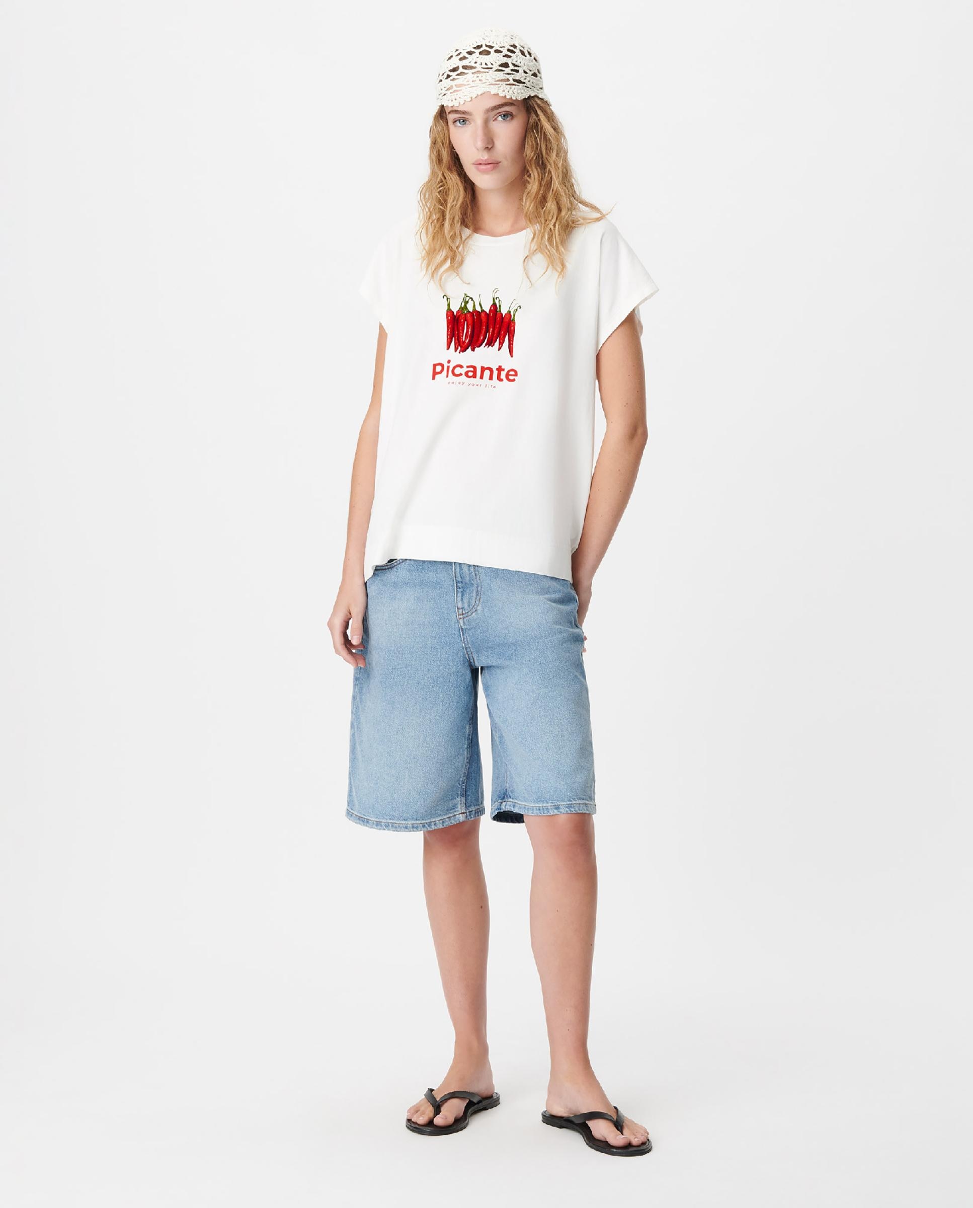 Camiseta de mujer de manga corta con estampado de chiles y mensajes - IKKS - Blanco roto Blanco roto-2
