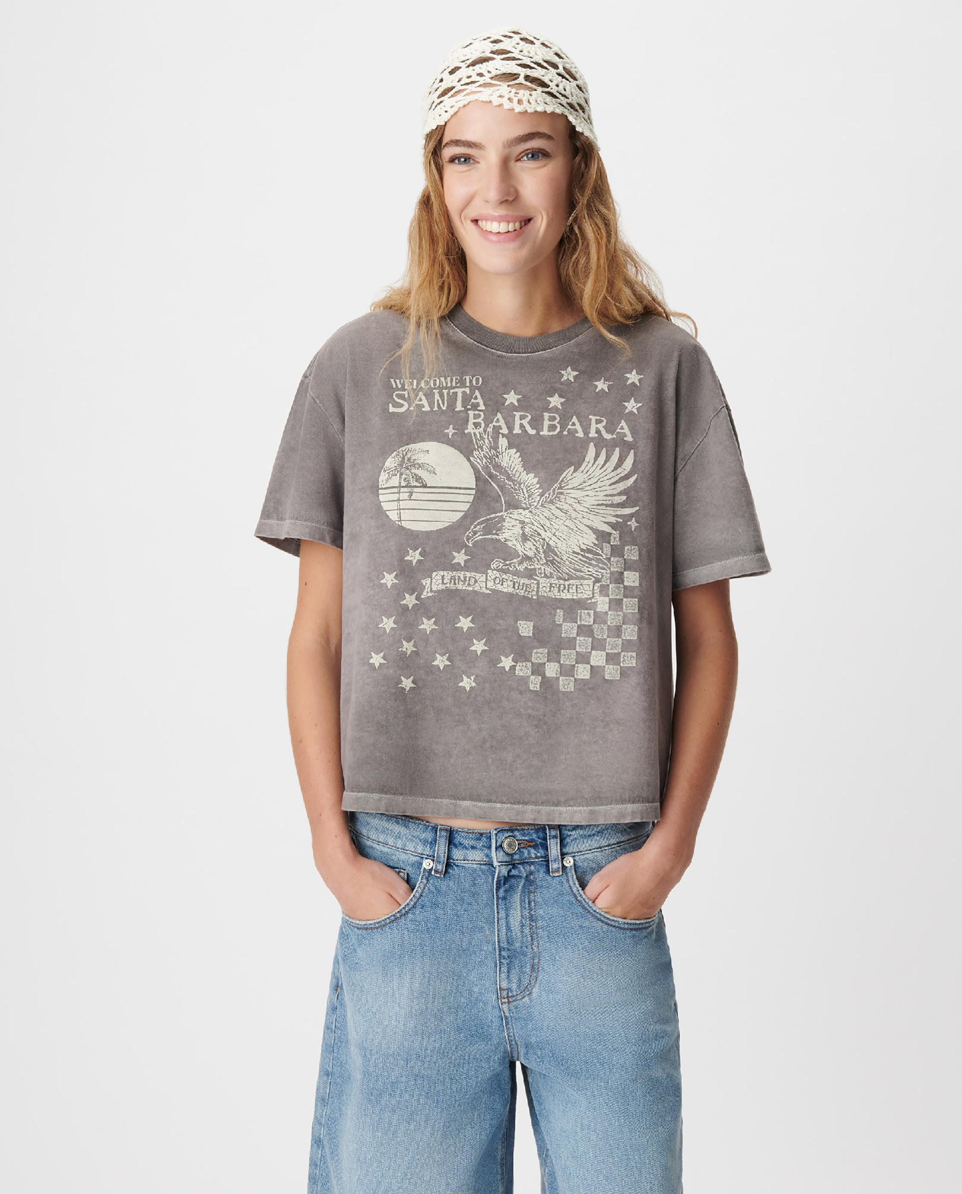 Camiseta de mujer oversize desgastada con estampado de águila - IKKS - Gris Gris-1