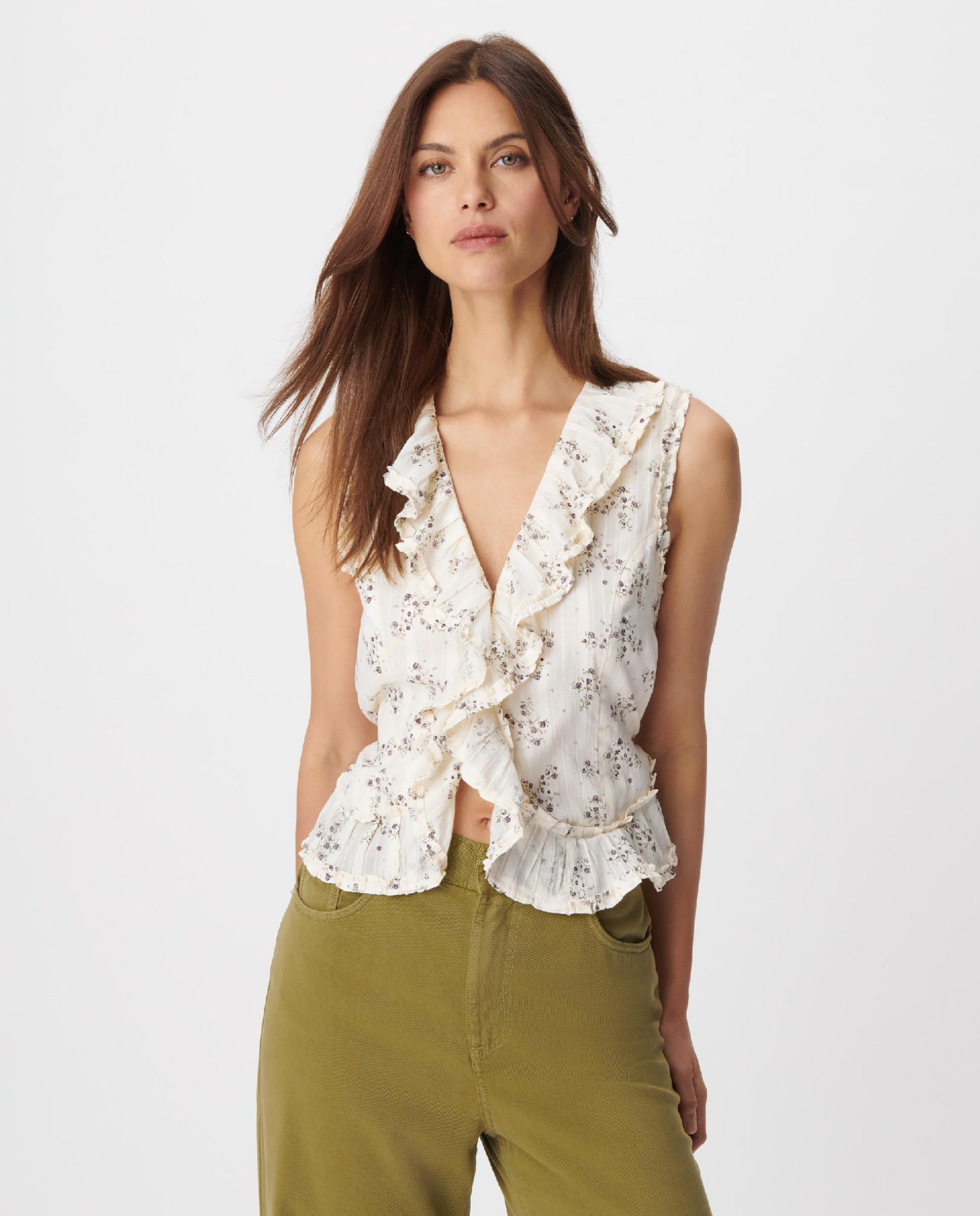 Top de mujer con estampado floral y detalle de volantes - IKKS - Lino Lino-1