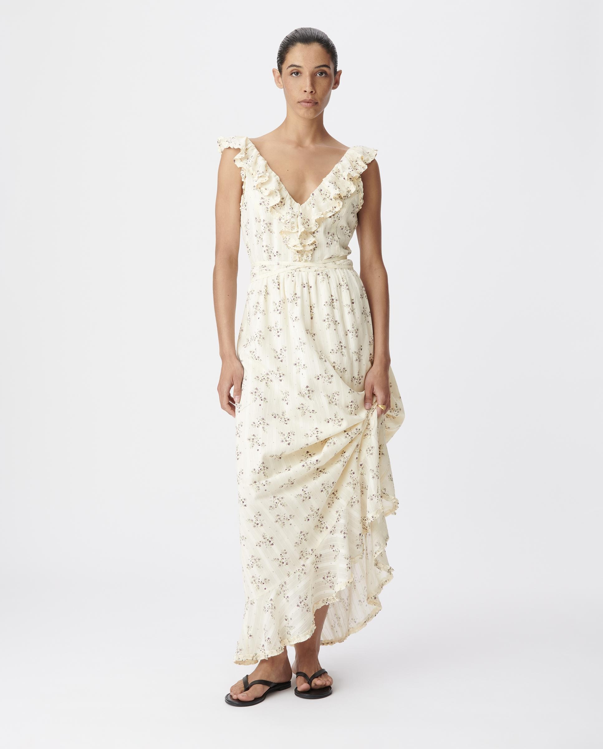 Vestido largo con estampado floral y volantes - IKKS - Lino Lino-1