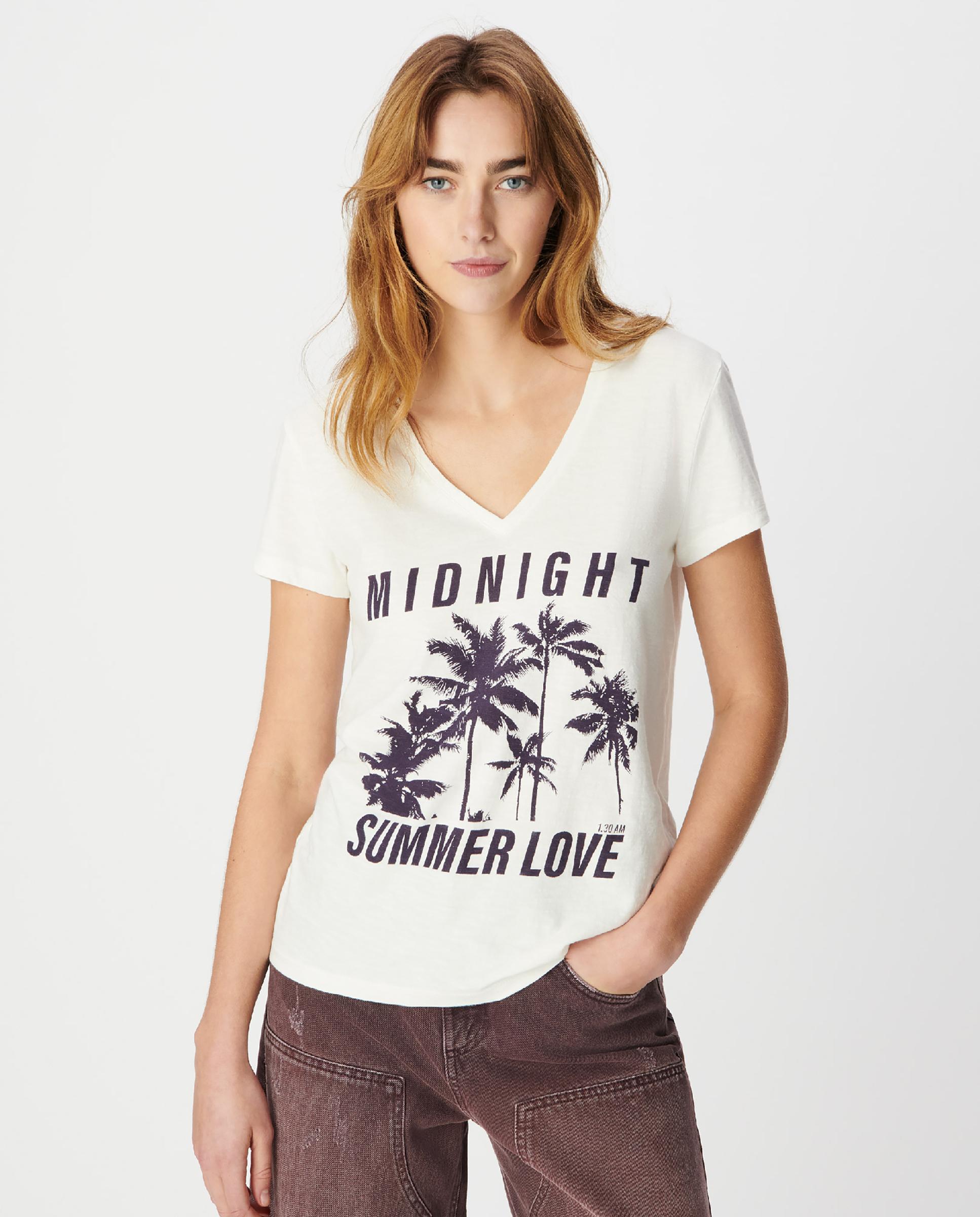 IKKS - Camiseta de mujer con escote de pico y estampado de palmeras.