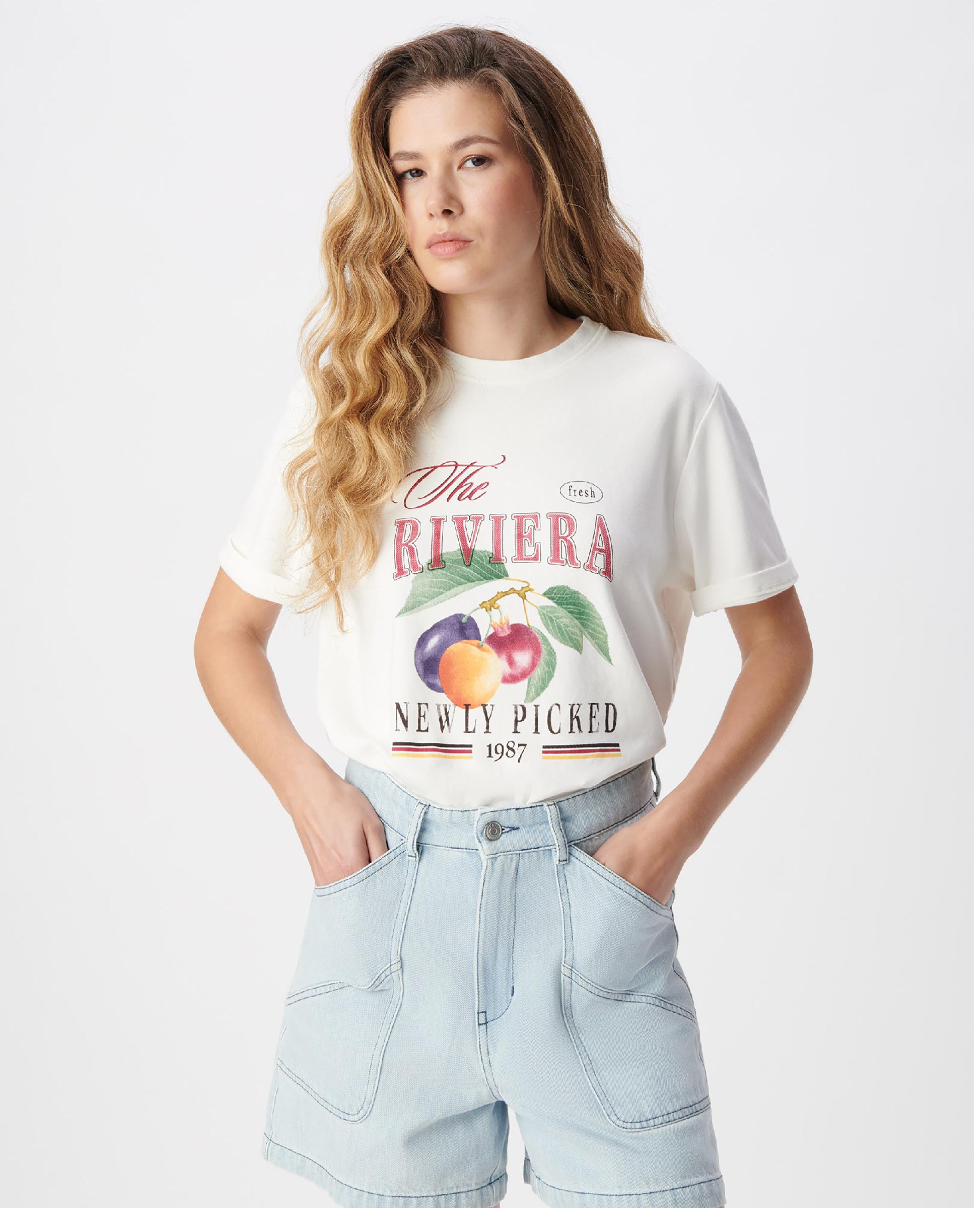 IKKS - Camiseta de mujer con estampado de frutas grandes.