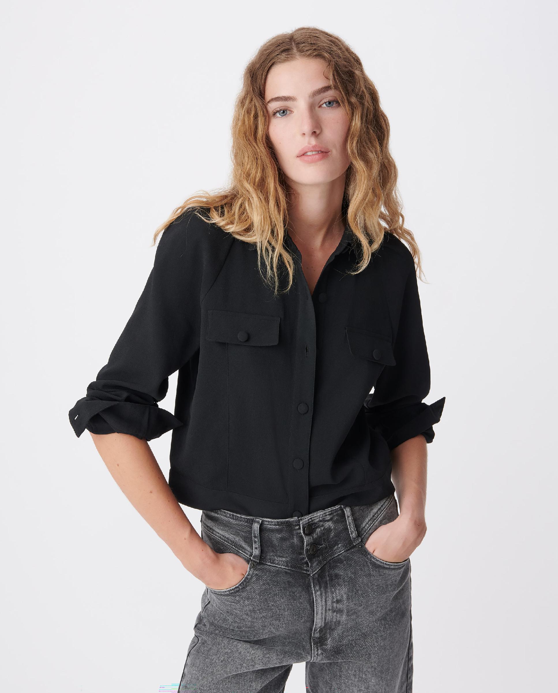 Camisa de mujer holgada con bolsillos en el pecho - IKKS - Negro Negro-1