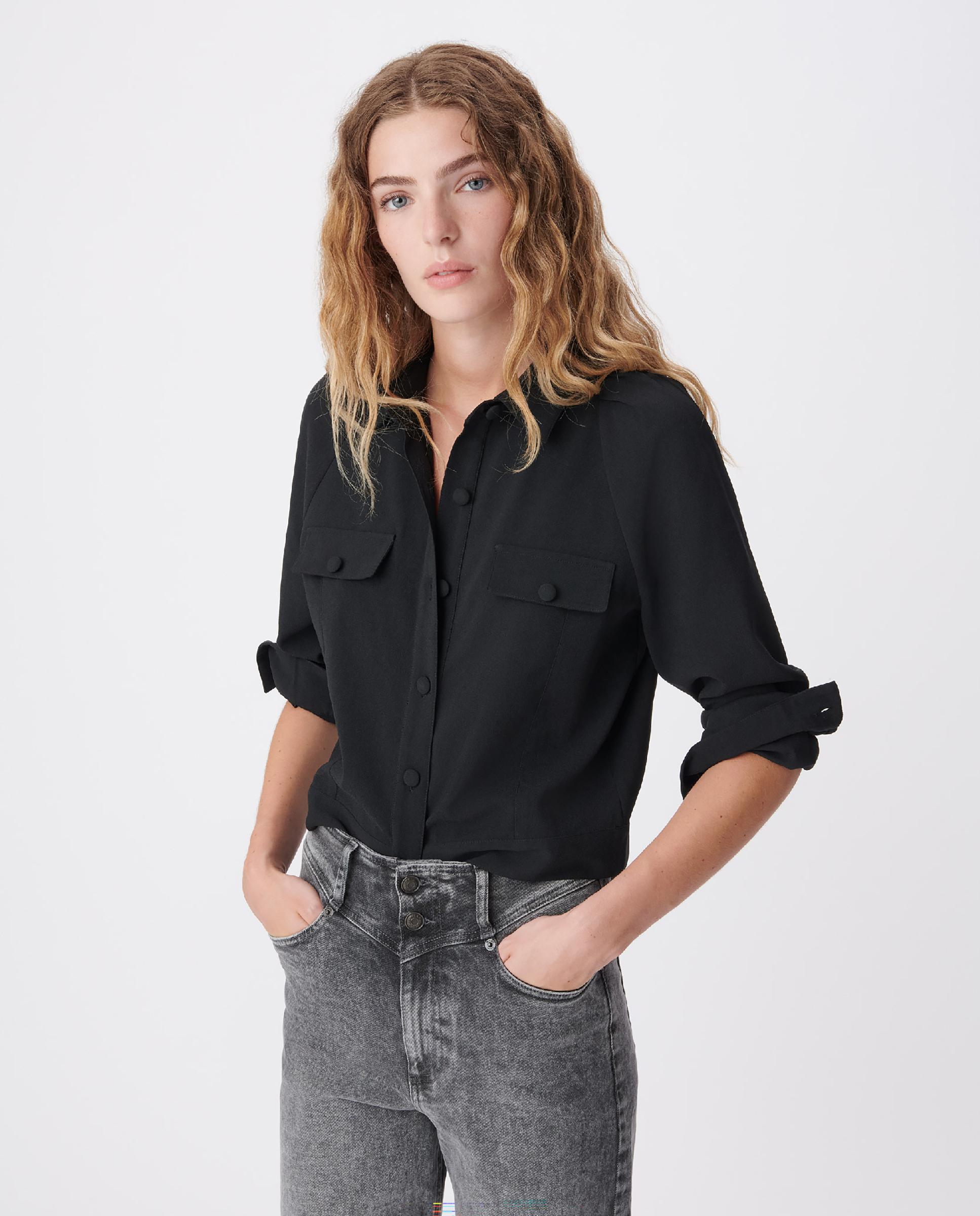 Camisa de mujer holgada con bolsillos en el pecho - IKKS - Negro Negro-5