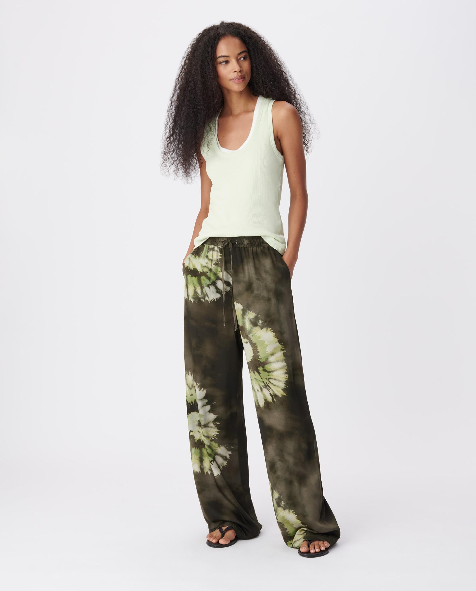 Pantalón ancho de mujer estilo jogger con estampado tie-dye - IKKS - Verde oscuro Verde oscuro-1