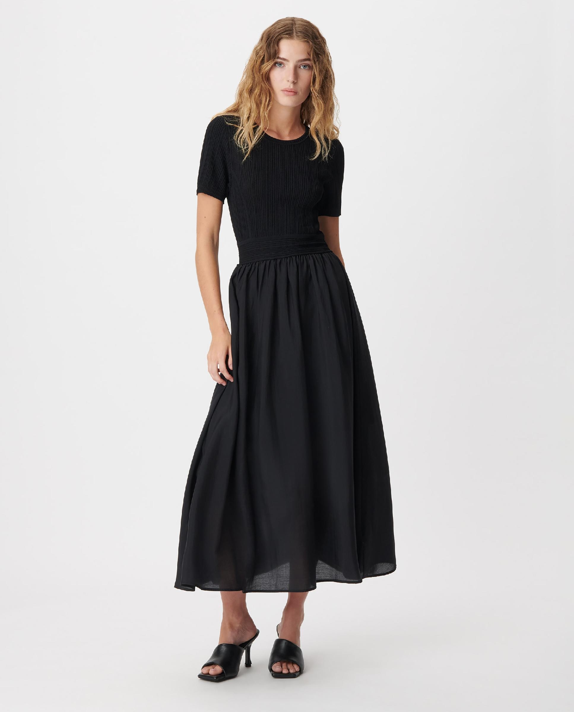 Vestido largo combinado en dos tejidos - IKKS - Negro Negro-1