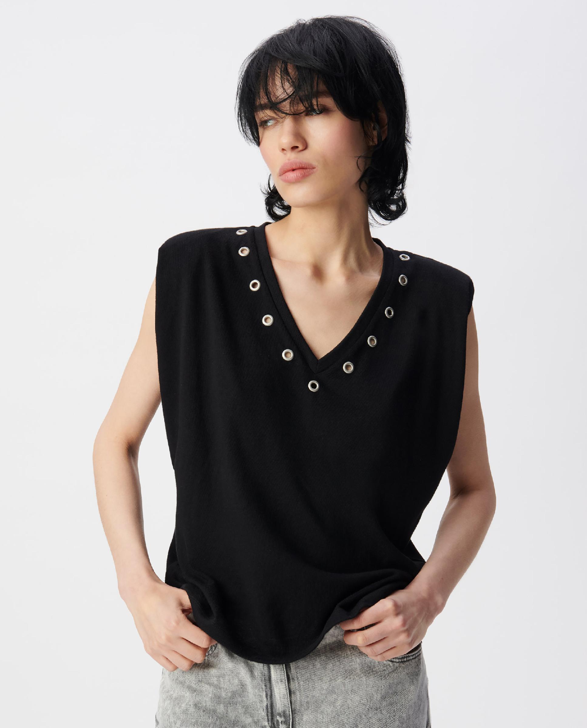 IKKS - Camiseta de mujer con cuello en v y adorno de ojales.