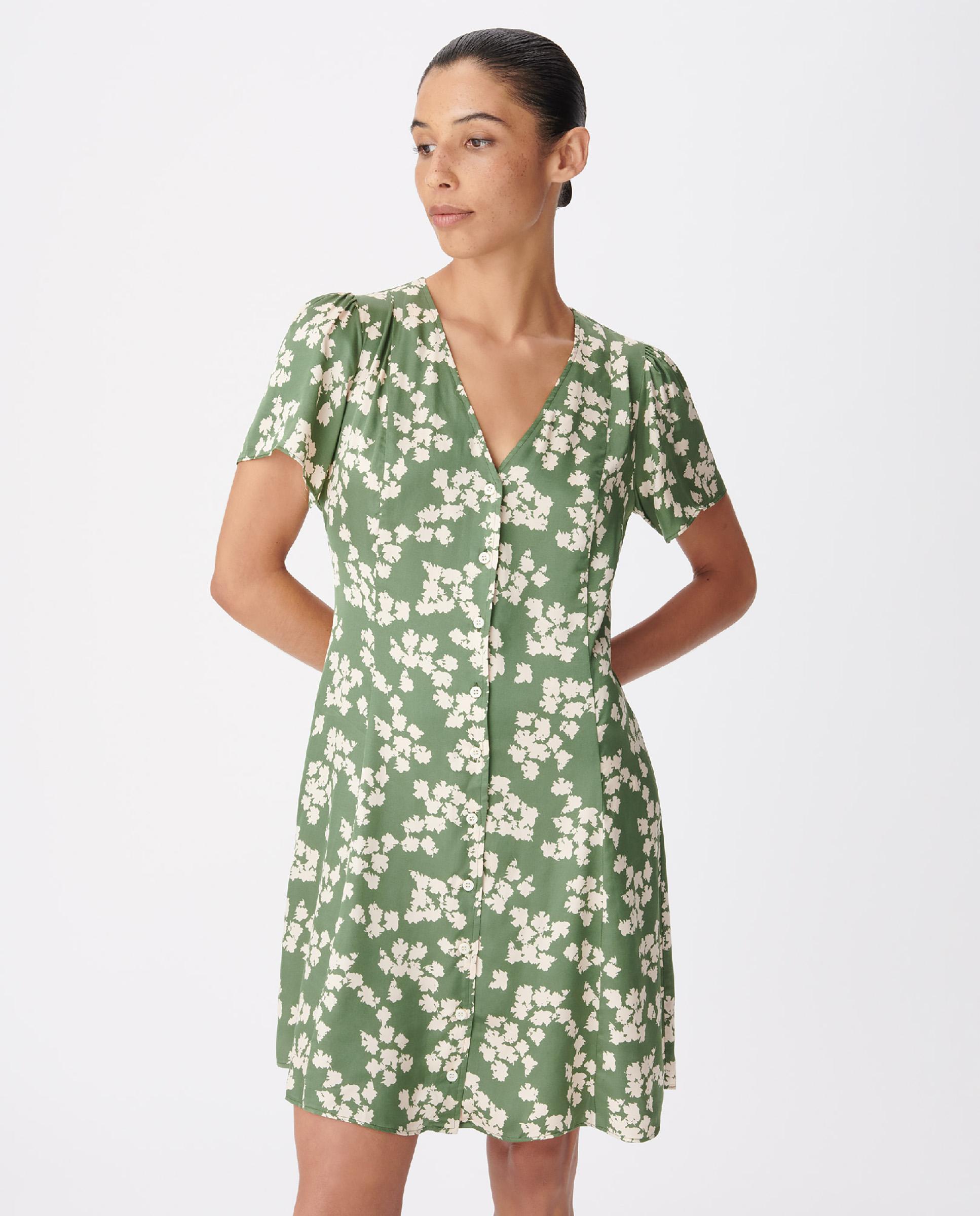 Vestido corto satinado con estampado de hojas - IKKS - Verde claro Verde claro-2