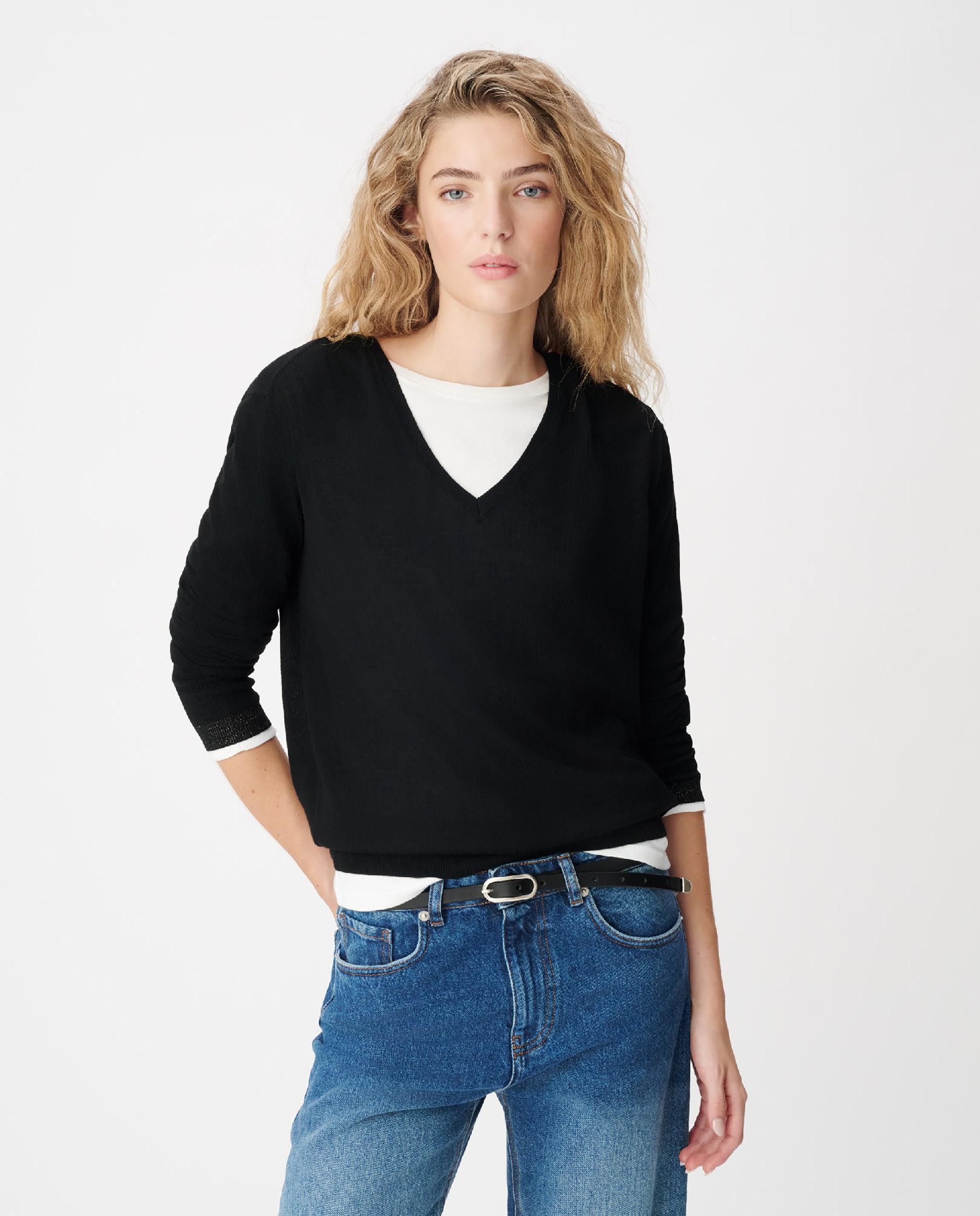 Jersey de mujer con cuello de pico 100% lana - IKKS - Negro Negro-1