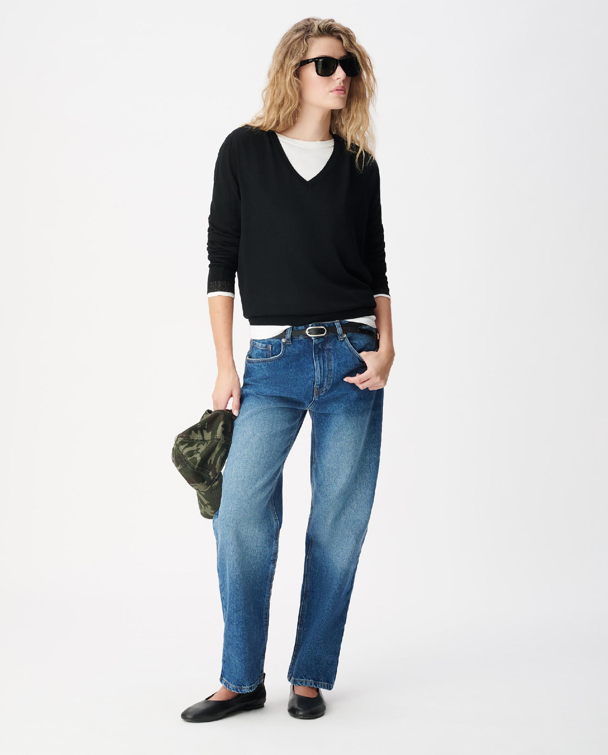 Jersey de mujer con cuello de pico 100% lana - IKKS - Negro Negro-2