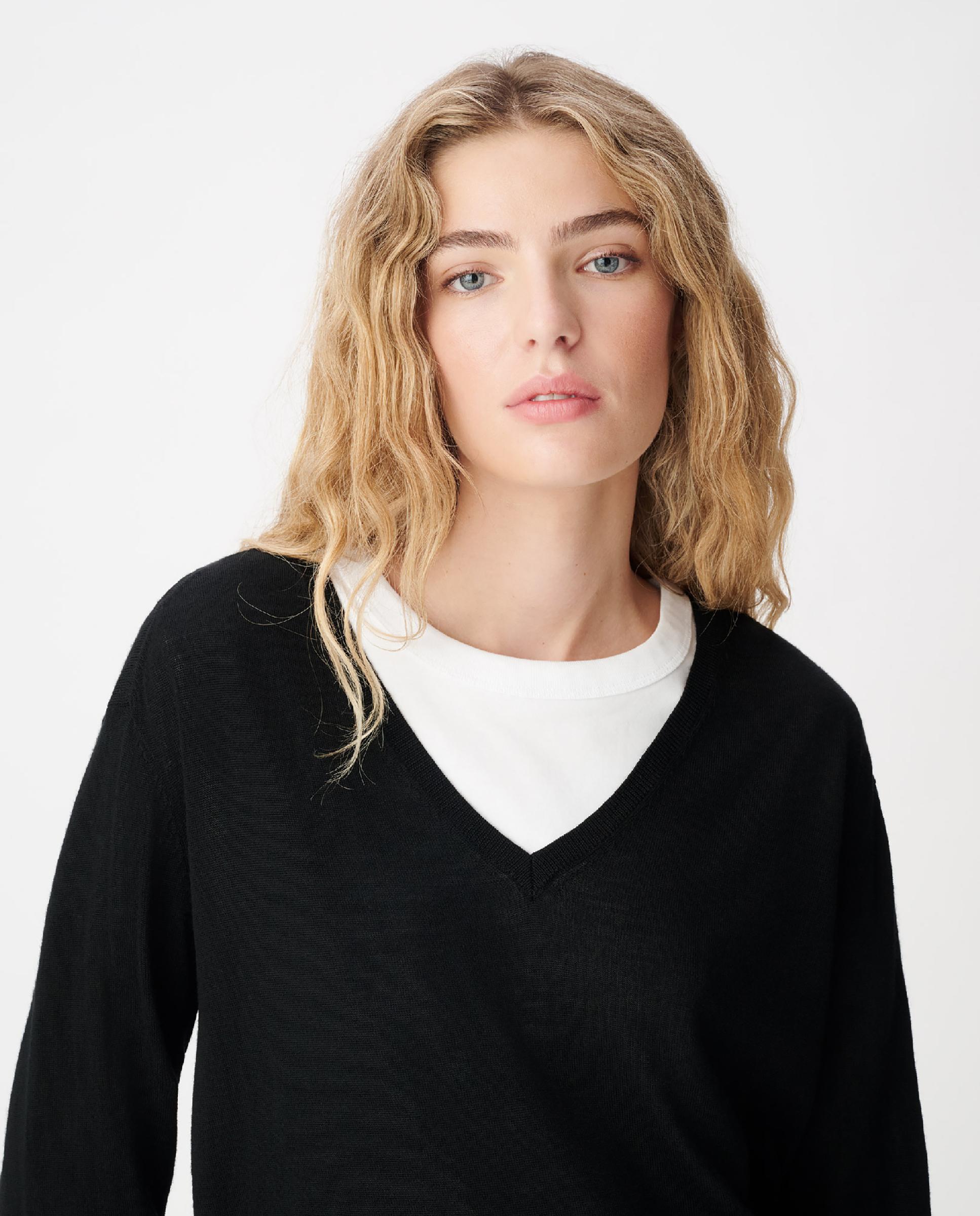 Jersey de mujer con cuello de pico 100% lana - IKKS - Negro Negro-4