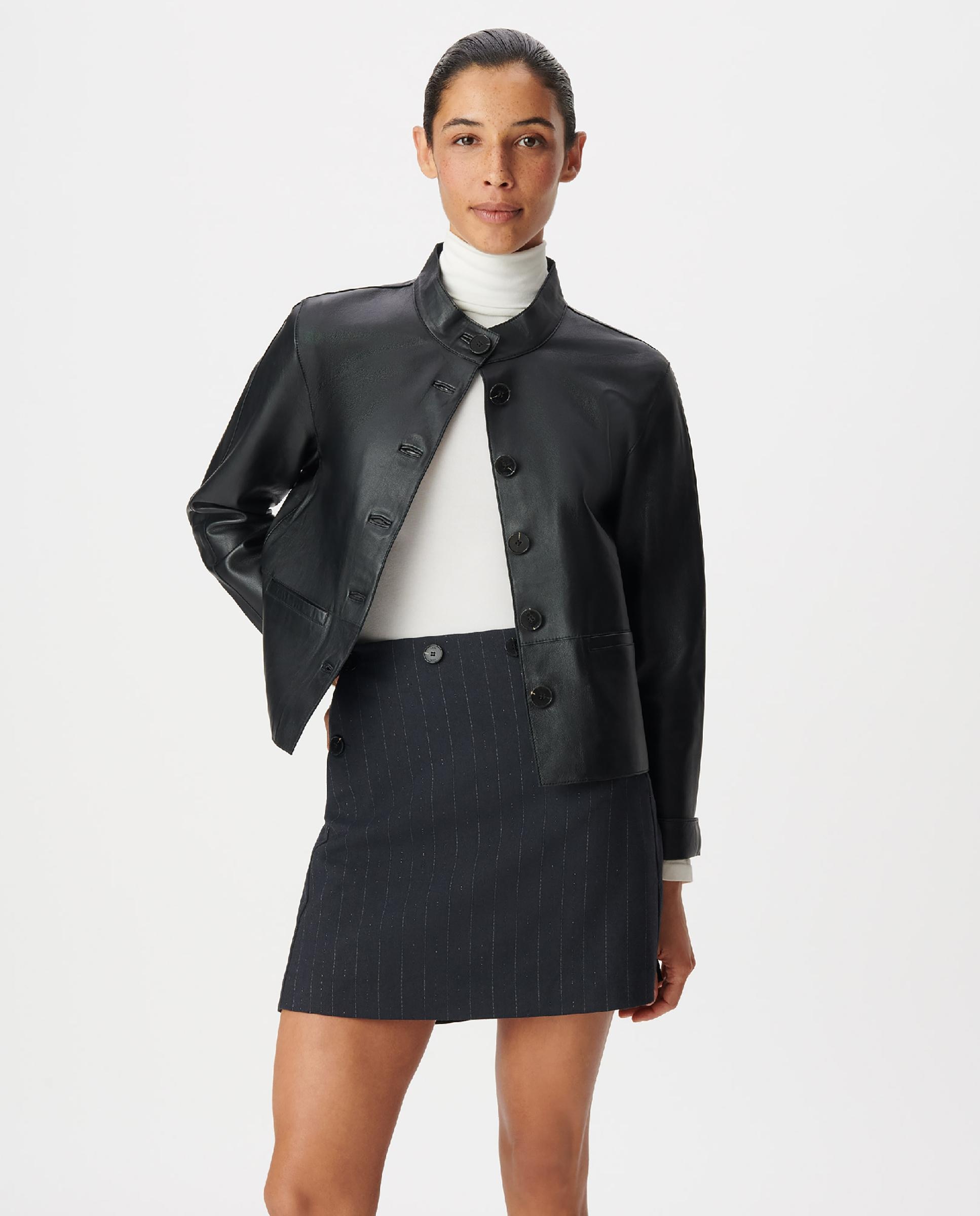 Chaqueta de mujer de cuero con cuello alto - IKKS - Negro Negro-5