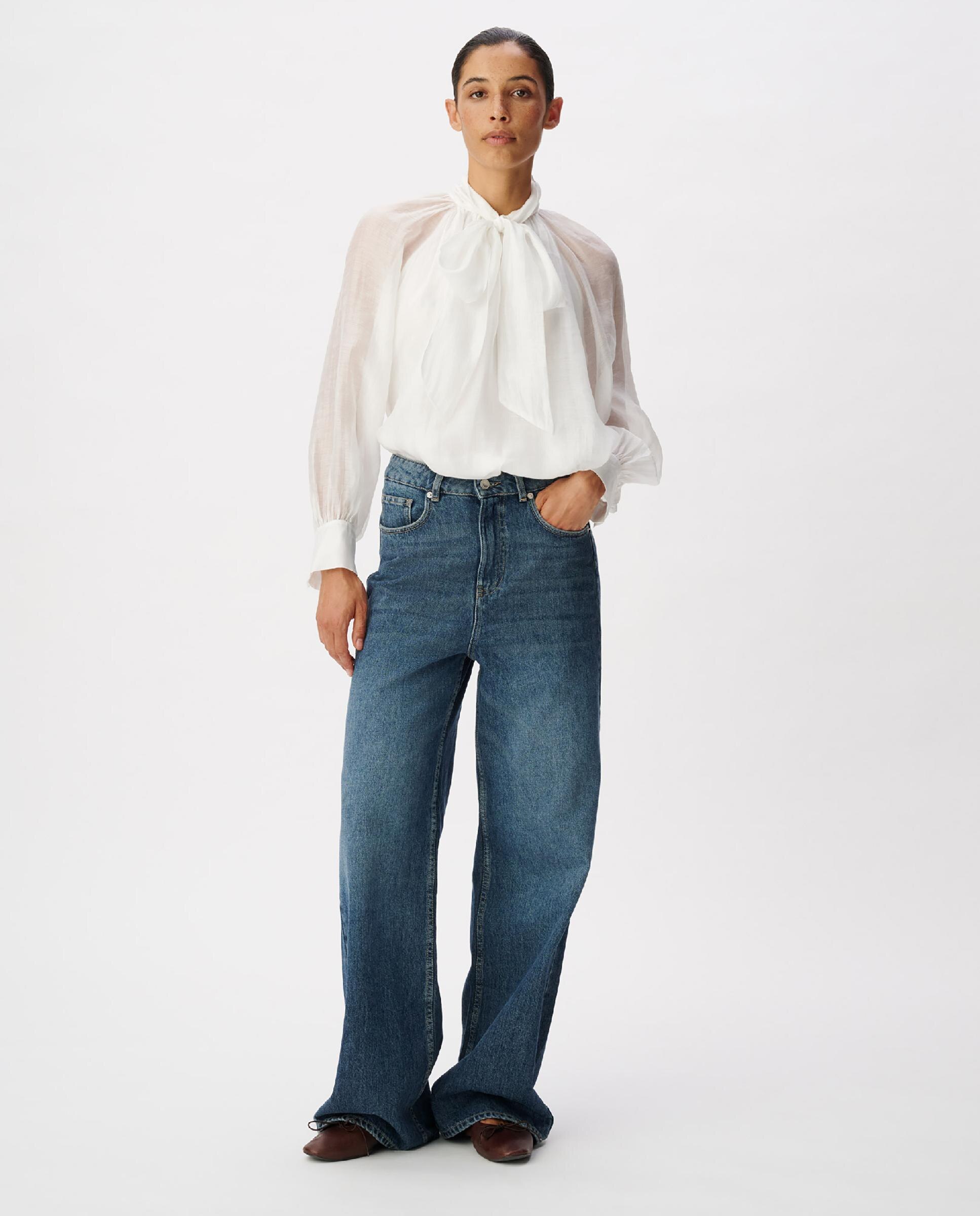 Blusa de mujer con mangas globo y cuello lavallière - IKKS - Blanco Blanco-2