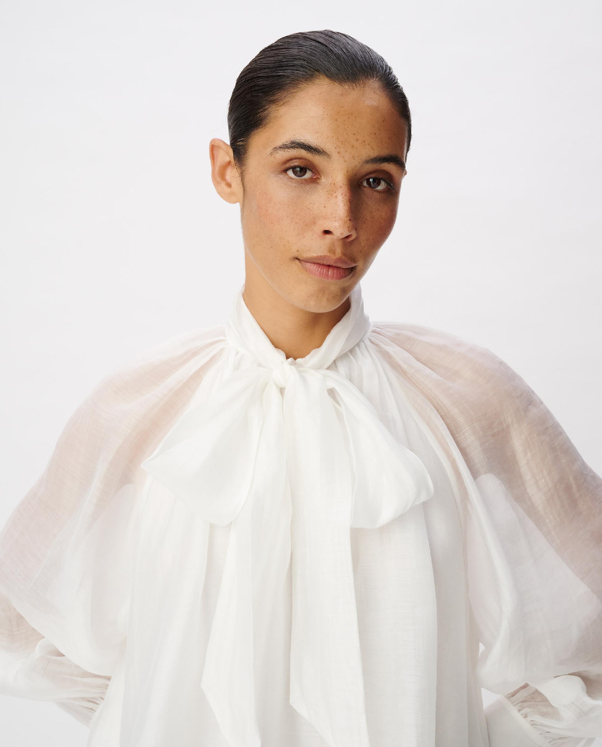 Blusa de mujer con mangas globo y cuello lavallière - IKKS - Blanco Blanco-4