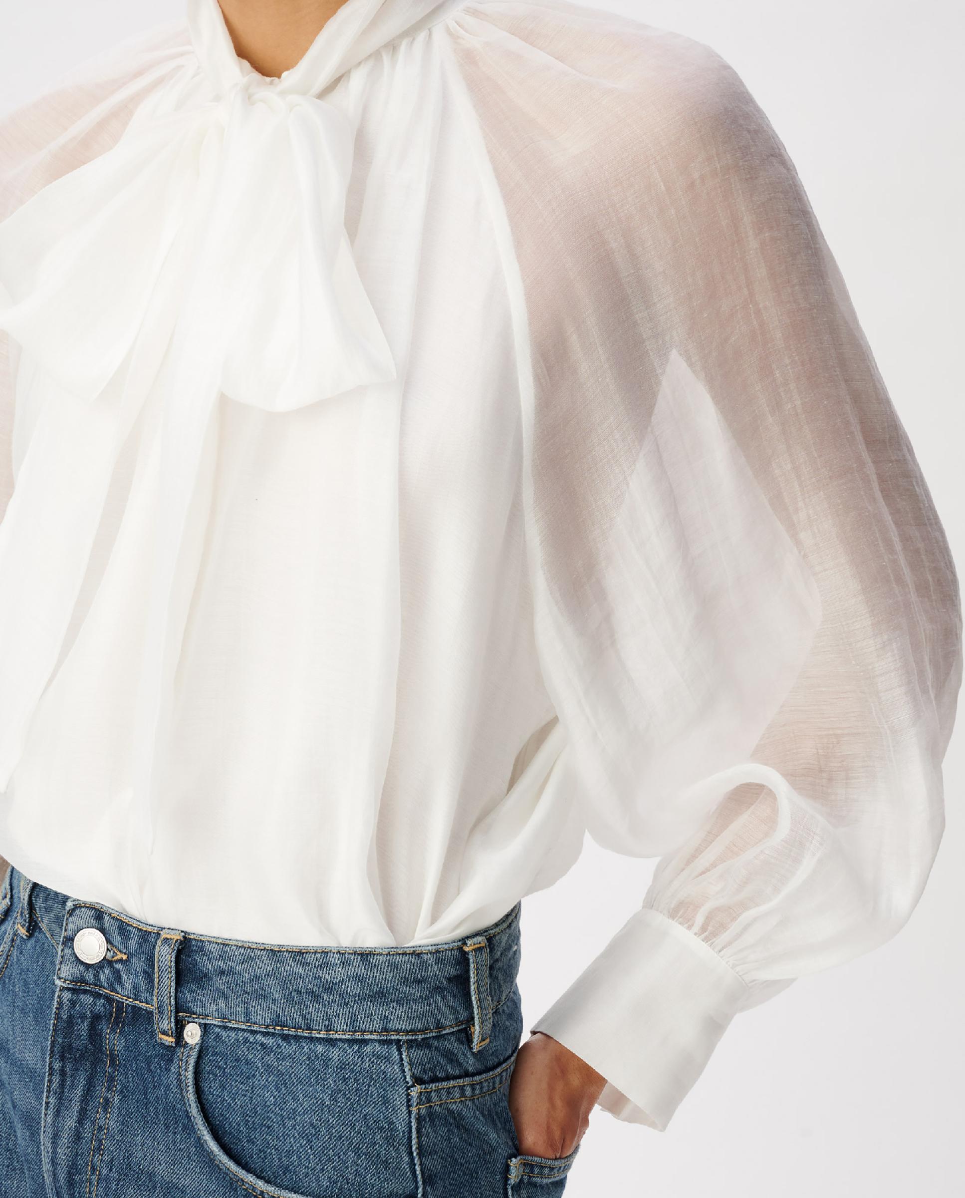 Blusa de mujer con mangas globo y cuello lavallière - IKKS - Blanco Blanco-5