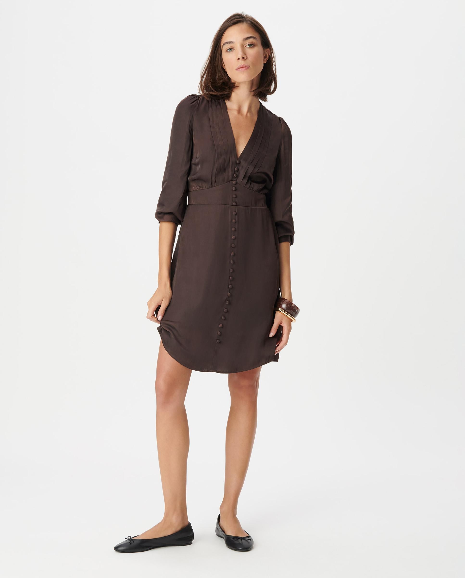 Vestido corto de satén con botones pequeños - IKKS - Marrón oscuro Marrón oscuro-1