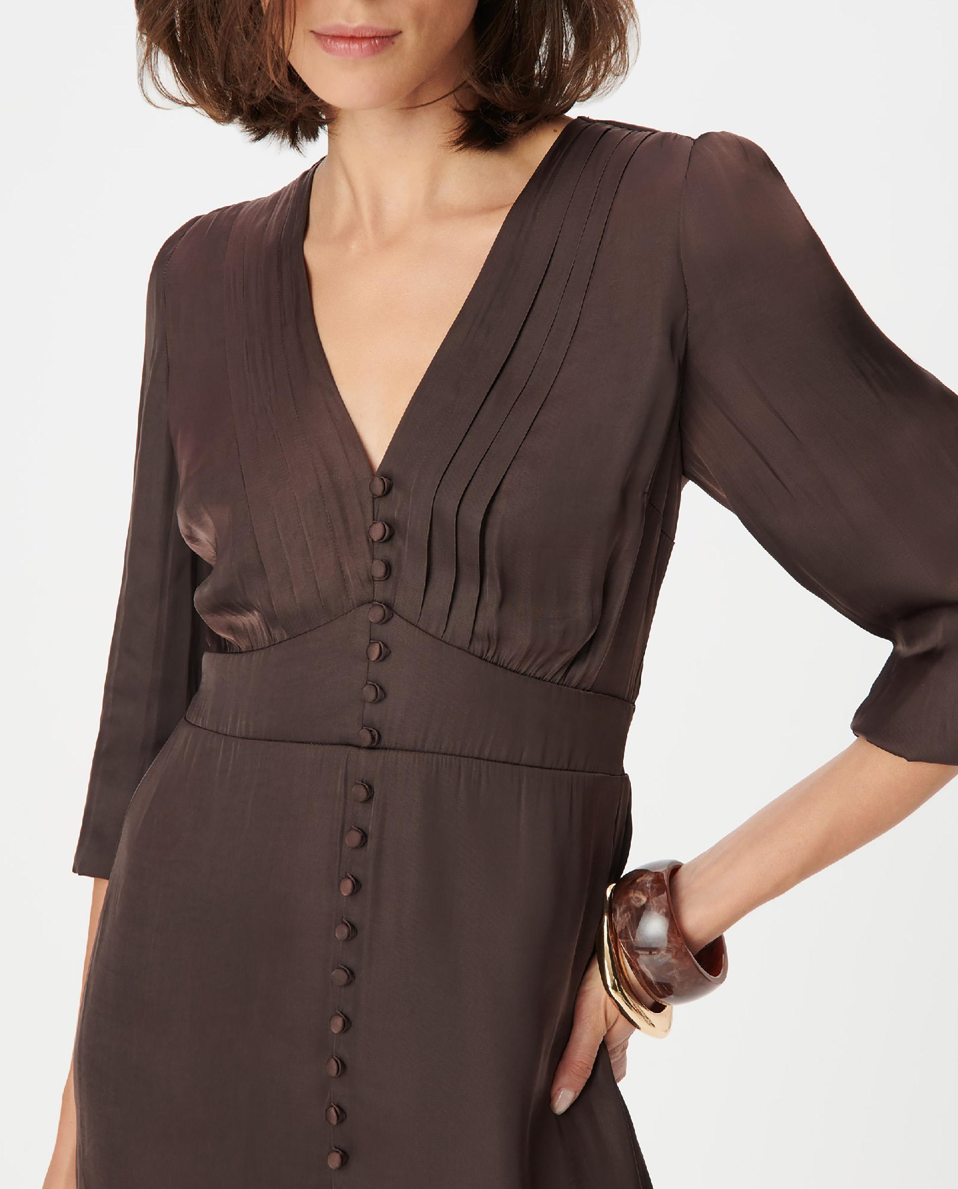 Vestido corto de satén con botones pequeños - IKKS - Marrón oscuro Marrón oscuro-4