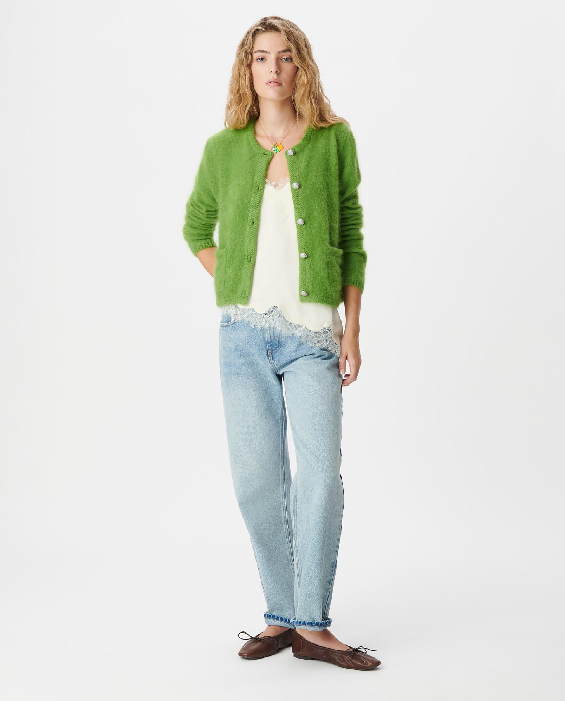 Chaqueta de punto de mujer con bolsillos 100% lana - IKKS - Verde claro Verde claro-2