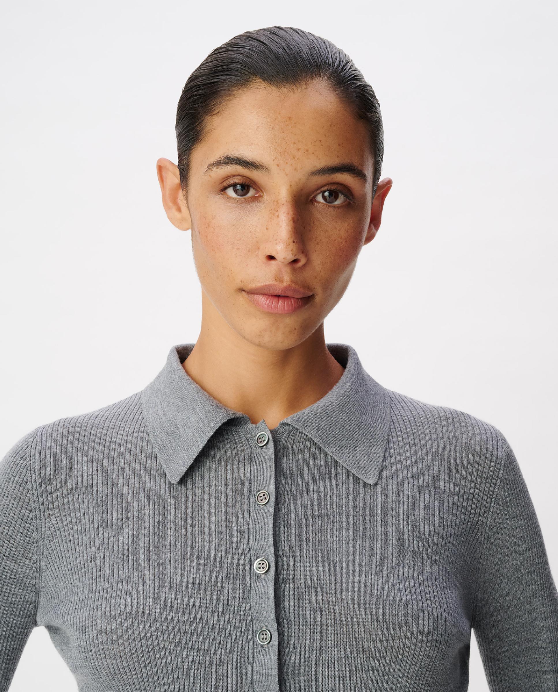 Jersey de mujer de canalé con cuello polo - IKKS - Gris Gris-4
