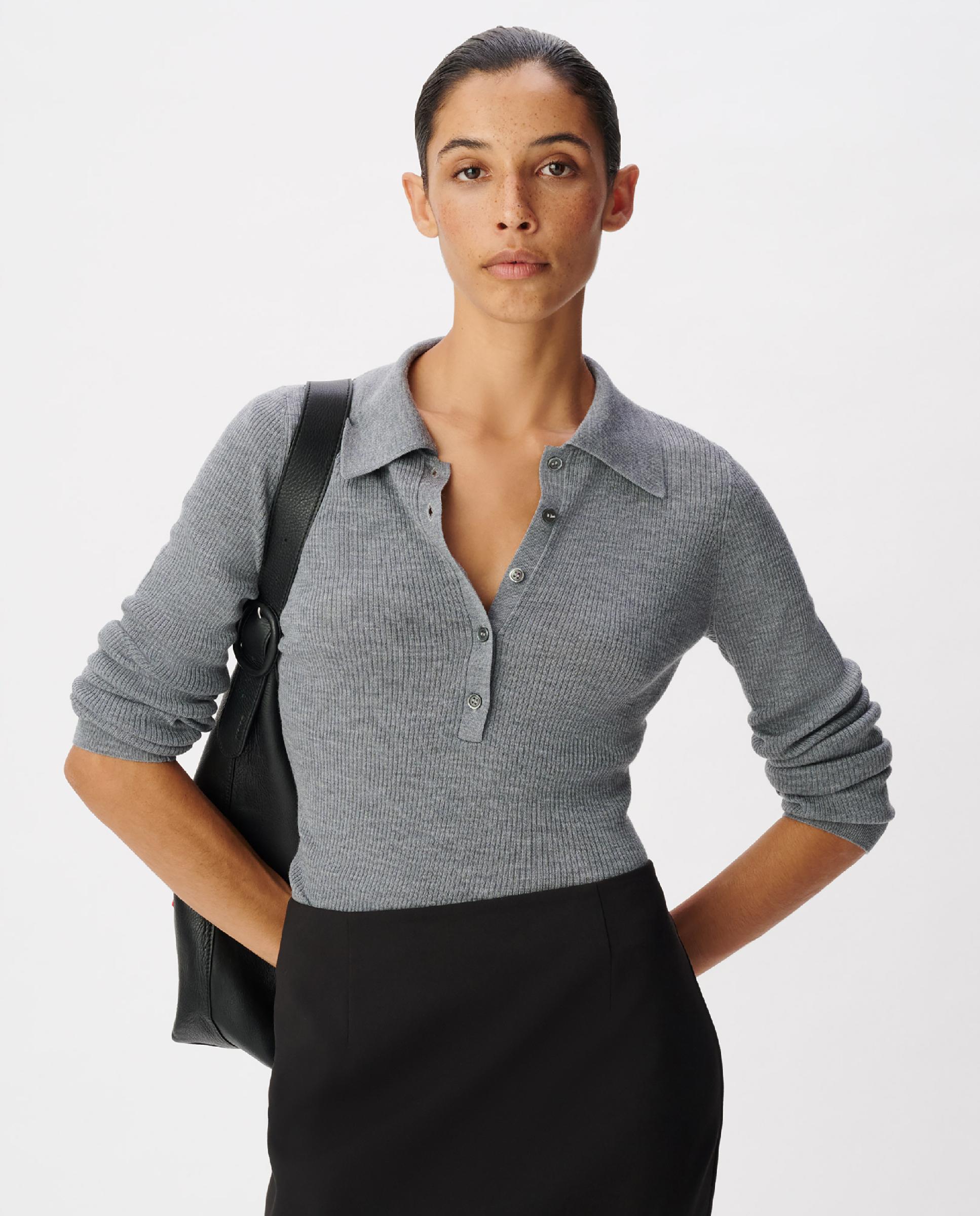 Jersey de mujer de canalé con cuello polo - IKKS - Gris Gris-5