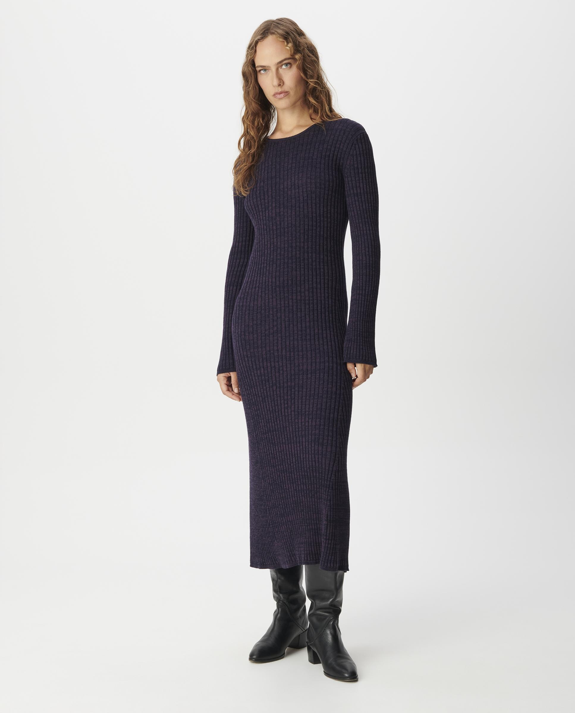 Imagen 1 de Vestido largo morado y negro de punto jaspeado Berenjena